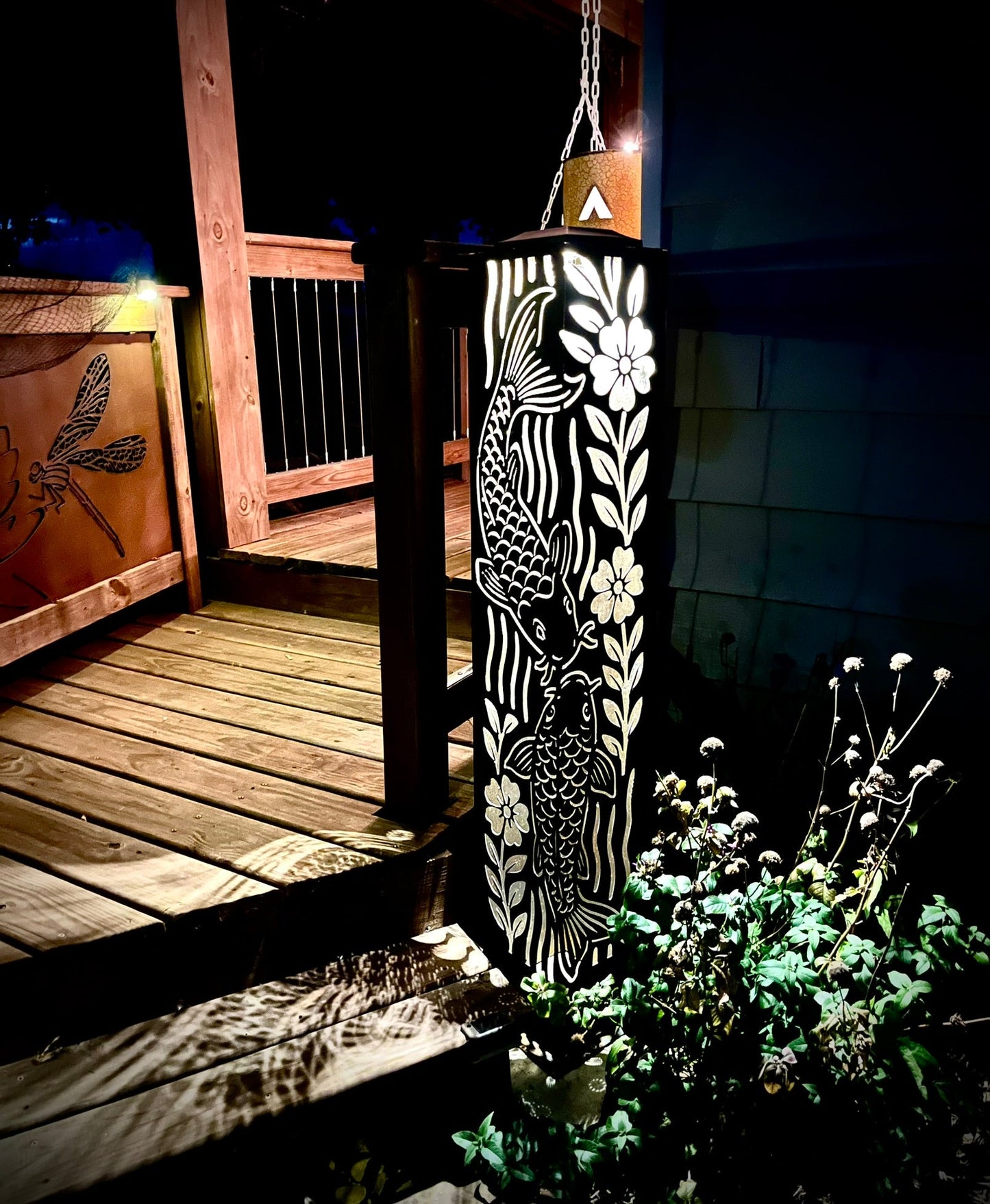 Floral Koi Steel Luminary Pillar | Multiple Sizes | Corten Available - corten pillar - corten steel light - Northern Forge, LLC