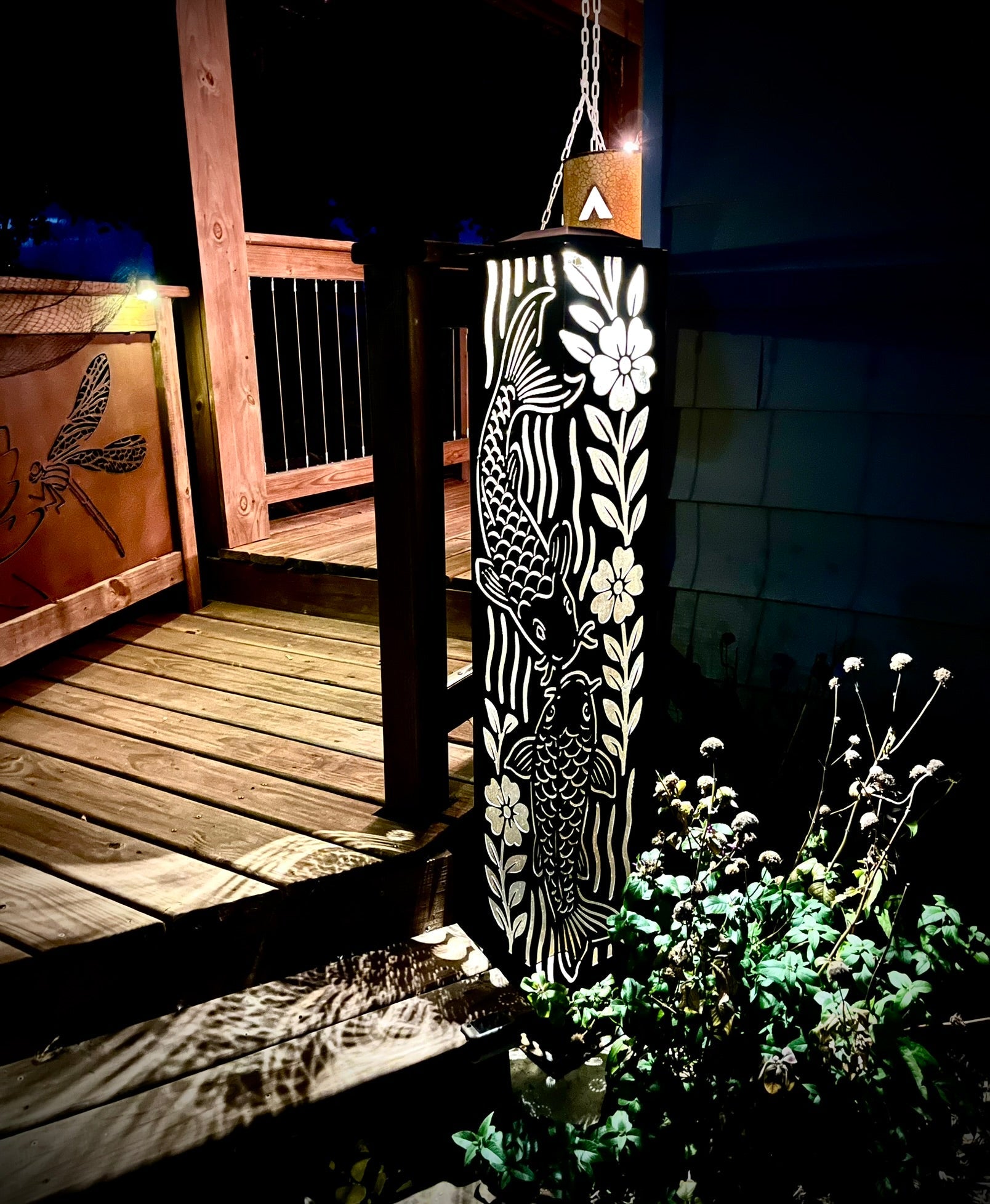 Floral Koi Steel Luminary Pillar | Multiple Sizes | Corten Available - corten pillar - corten steel light - Northern Forge, LLC