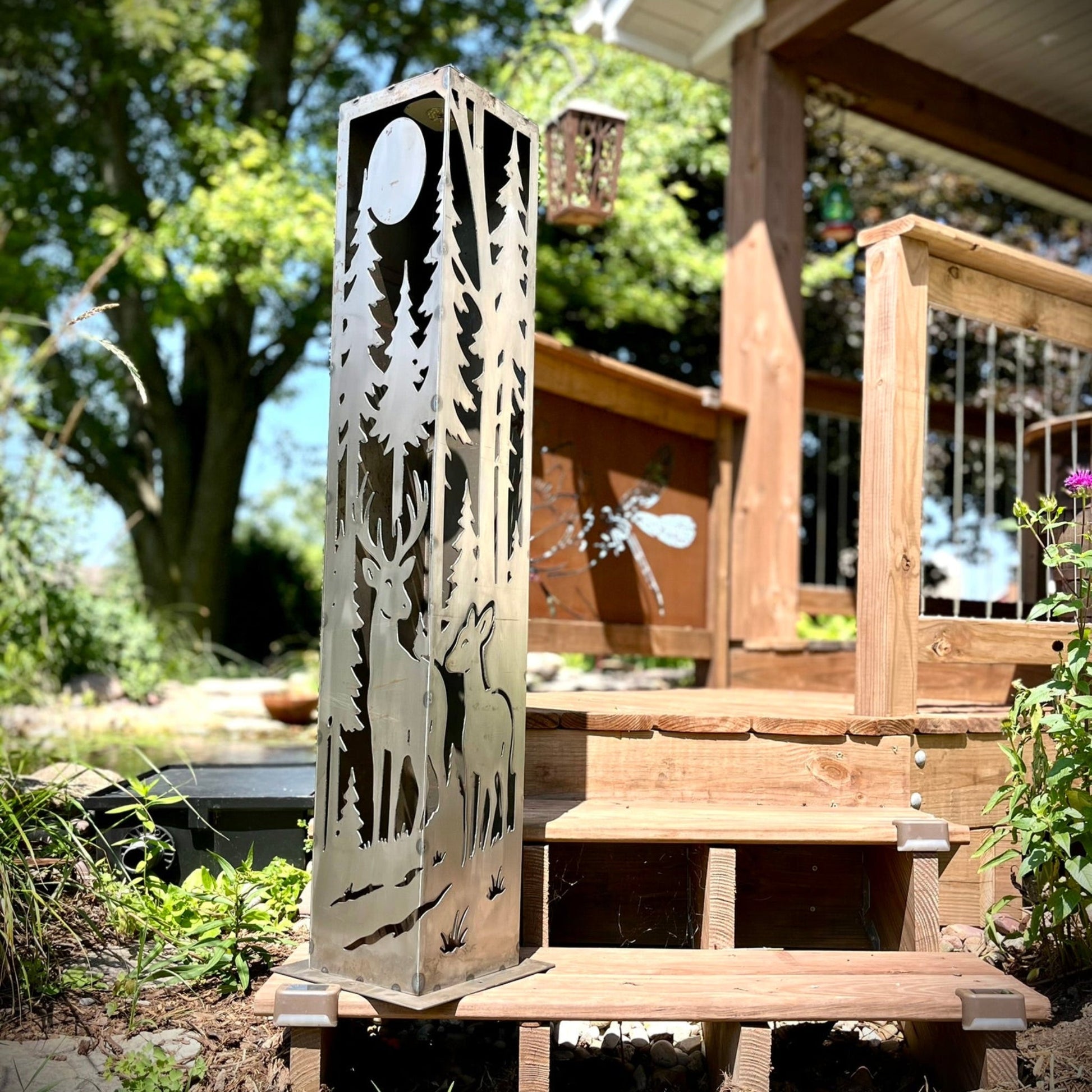 Forest Deer Corner Solar Pillar - Steel - corten pillar - deer solar light - Northern Forge, LLC