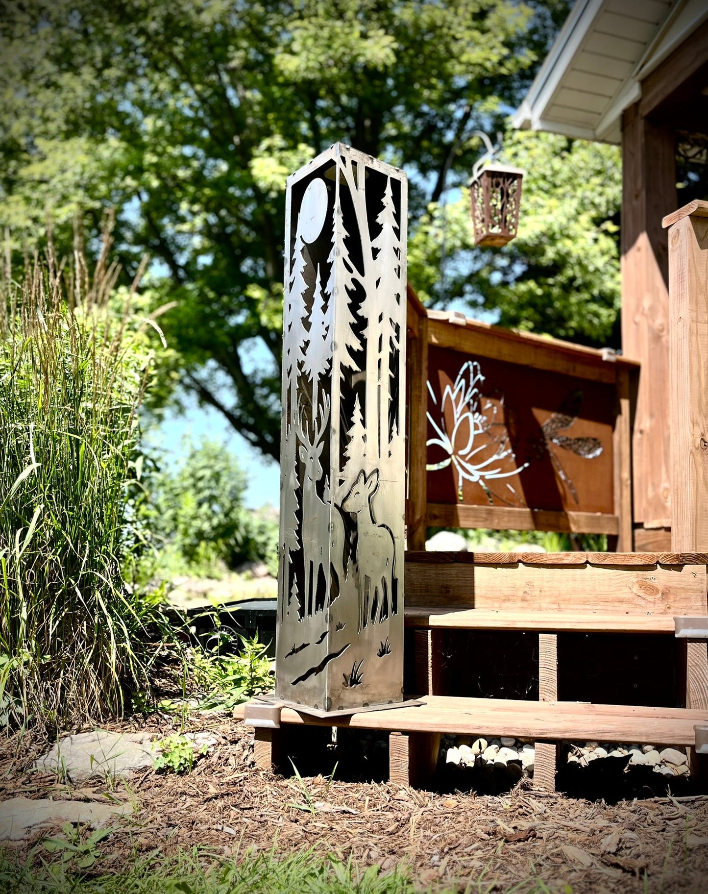 Forest Deer Corner Solar Pillar - Steel - corten pillar - deer solar light - Northern Forge, LLC
