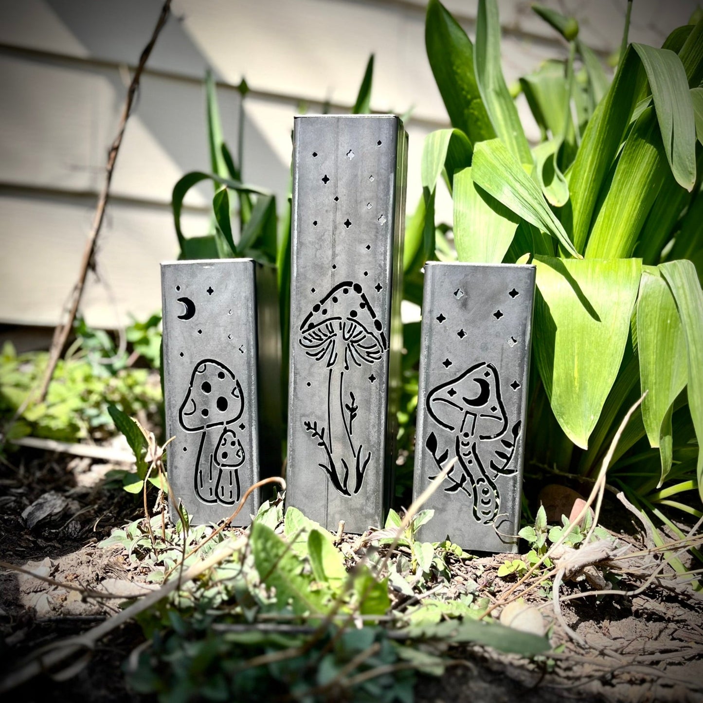 Fungi Solar Tube Lights - Steel Mushroom Lights - funny mushroom decor - landscape lighting - Northern Forge, LLC