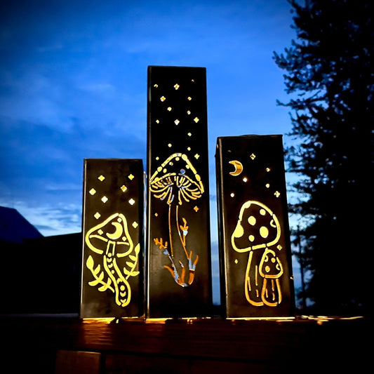 Fungi Solar Tube Lights - Steel Mushroom Lights - funny mushroom decor - landscape lighting - Northern Forge, LLC