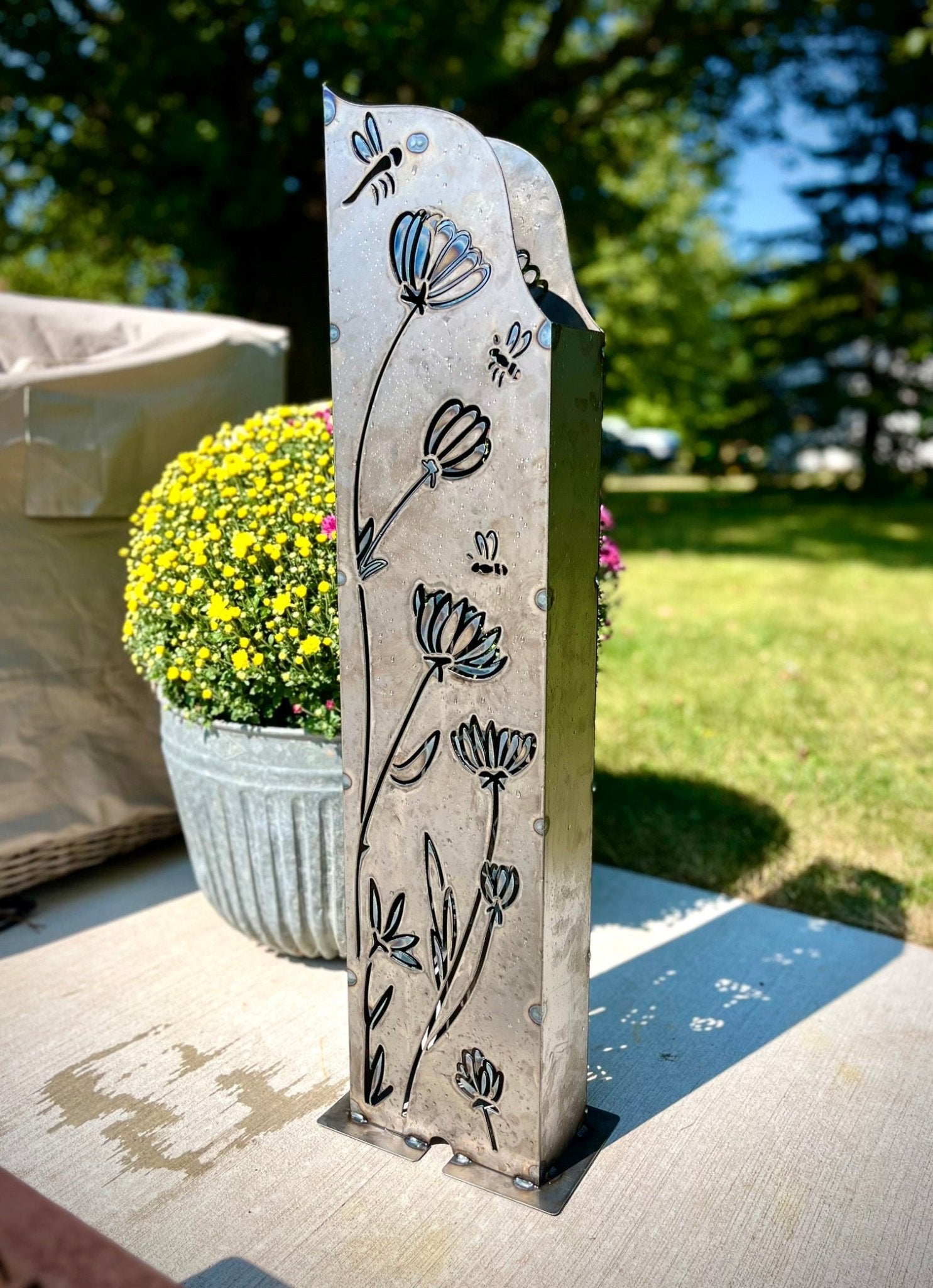 Garden Flowers and Bees Steel Luminary Pillar | 36 in. - flower pillar - garden light - Northern Forge, LLC