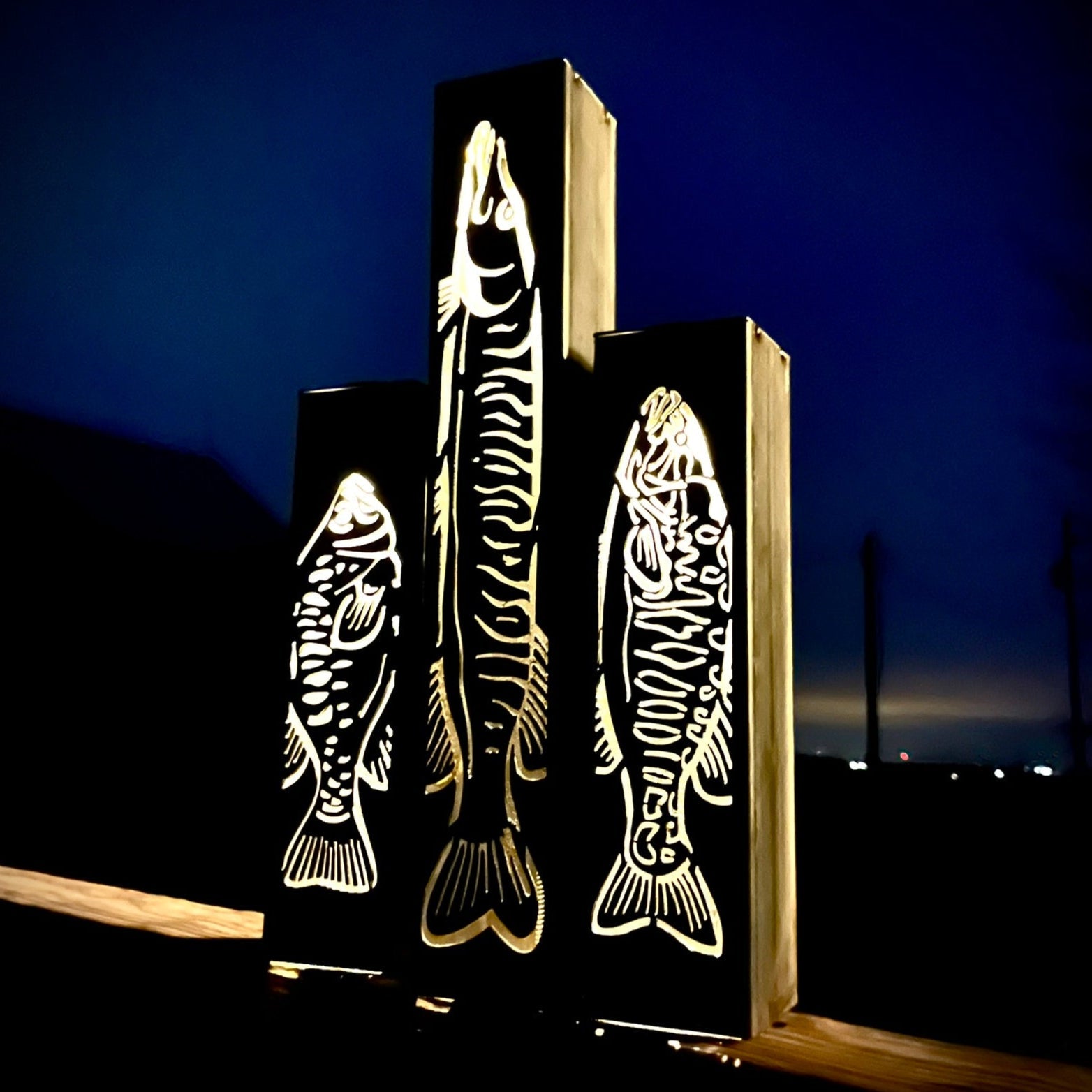 Gone Fishing Pillar Luminary w/ Solar Cap | Freshwater Pack - fish pillars - fish solar lights - Northern Forge, LLC