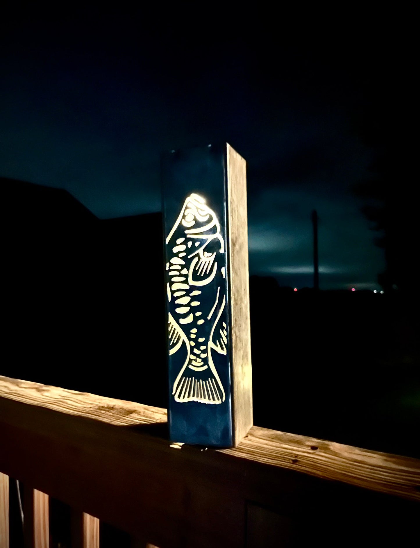 Gone Fishing Pillar Luminary w/ Solar Cap | Trout, Walleye, Pike - fish pillars - fishing lights - Northern Forge, LLC