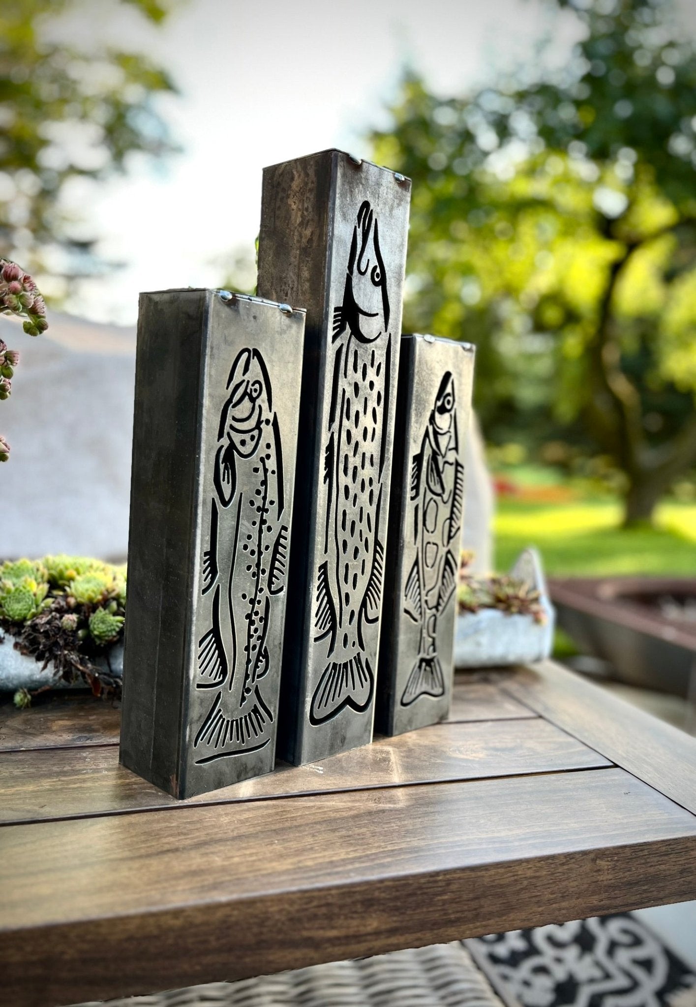 Gone Fishing Pillar Luminary w/ Solar Cap | Trout, Walleye, Pike - fish pillars - fishing lights - Northern Forge, LLC