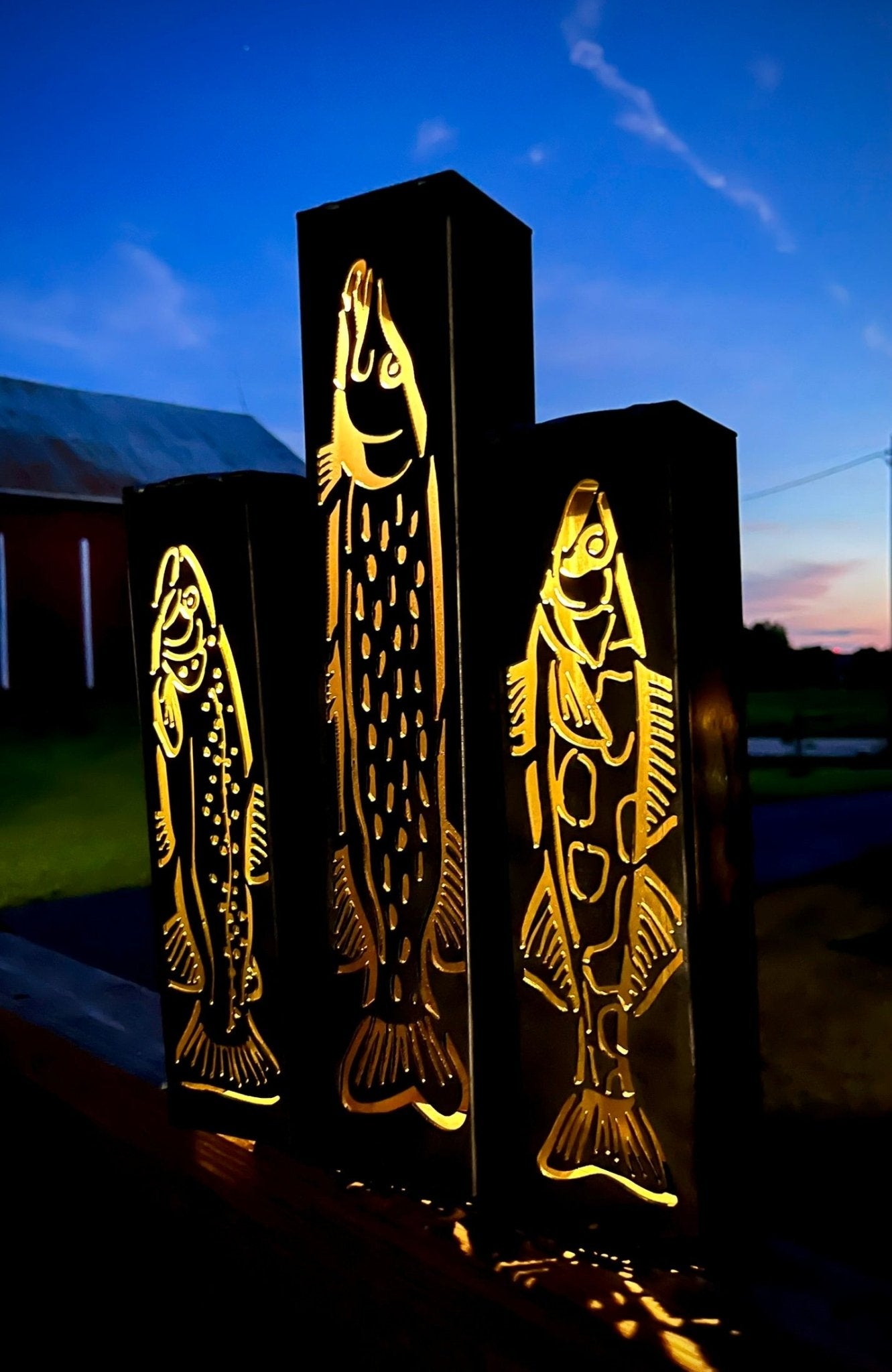 Gone Fishing Pillar Luminary w/ Solar Cap | Trout, Walleye, Pike - fish pillars - fishing lights - Northern Forge, LLC