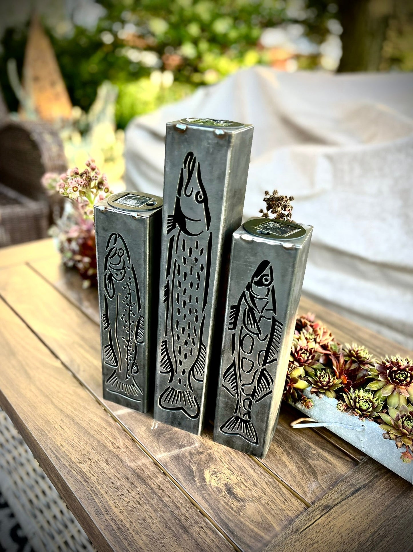 Gone Fishing Pillar Luminary w/ Solar Cap | Trout, Walleye, Pike - fish pillars - fishing lights - Northern Forge, LLC