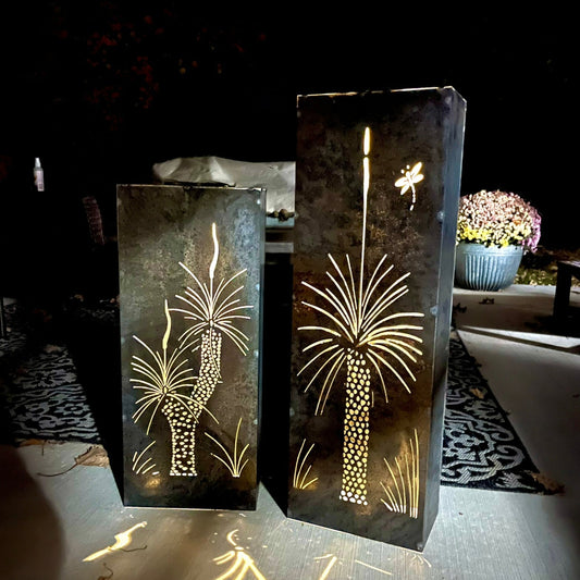Grass Tree Solar Luminary Pillar - Corten Steel - Multiple Sizes - cactus solar pillar - corten garden pillar - Northern Forge, LLC
