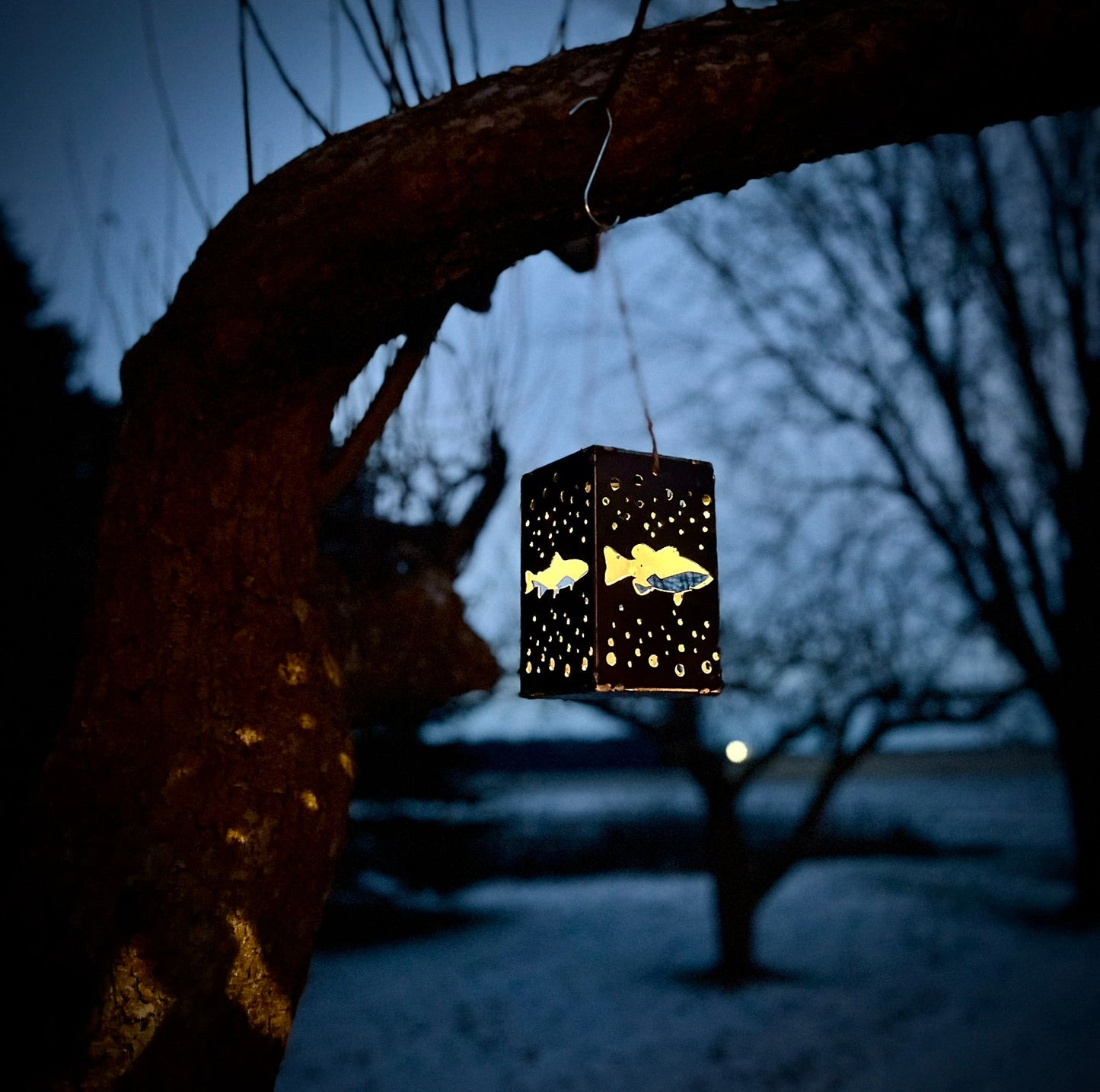 Hanging Fish Steel Solar Cube | 6.5 in. - accent lights - fish garden decor - Northern Forge, LLC