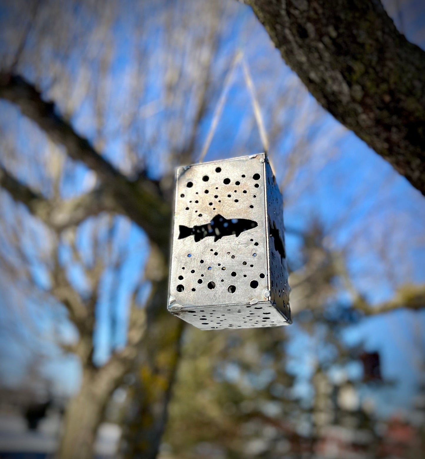 Hanging Fish Steel Solar Cube | 6.5 in. - accent lights - fish garden decor - Northern Forge, LLC