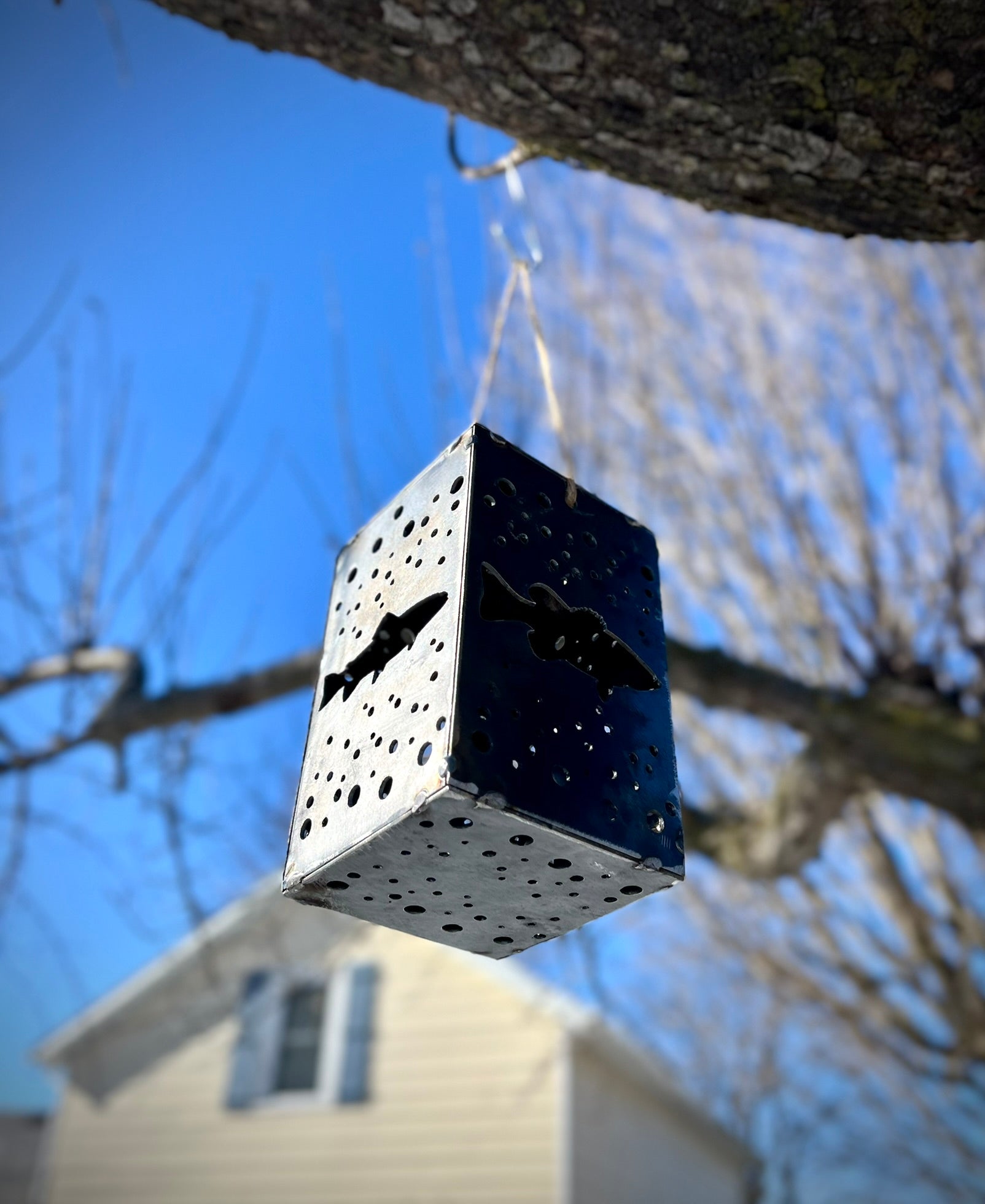 Hanging Fish Steel Solar Cube | 6.5 in. - accent lights - fish garden decor - Northern Forge, LLC