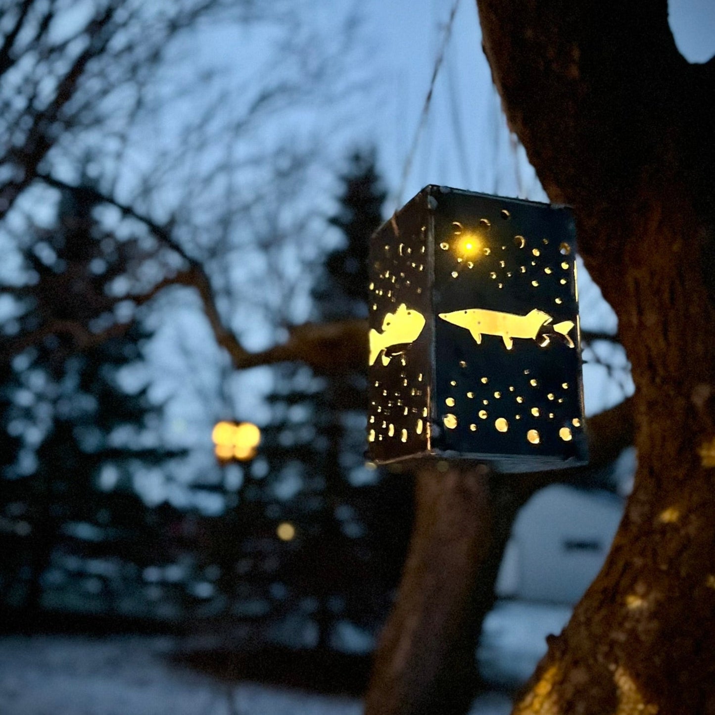 Hanging Fish Steel Solar Cube | 6.5 in. - accent lights - fish garden decor - Northern Forge, LLC