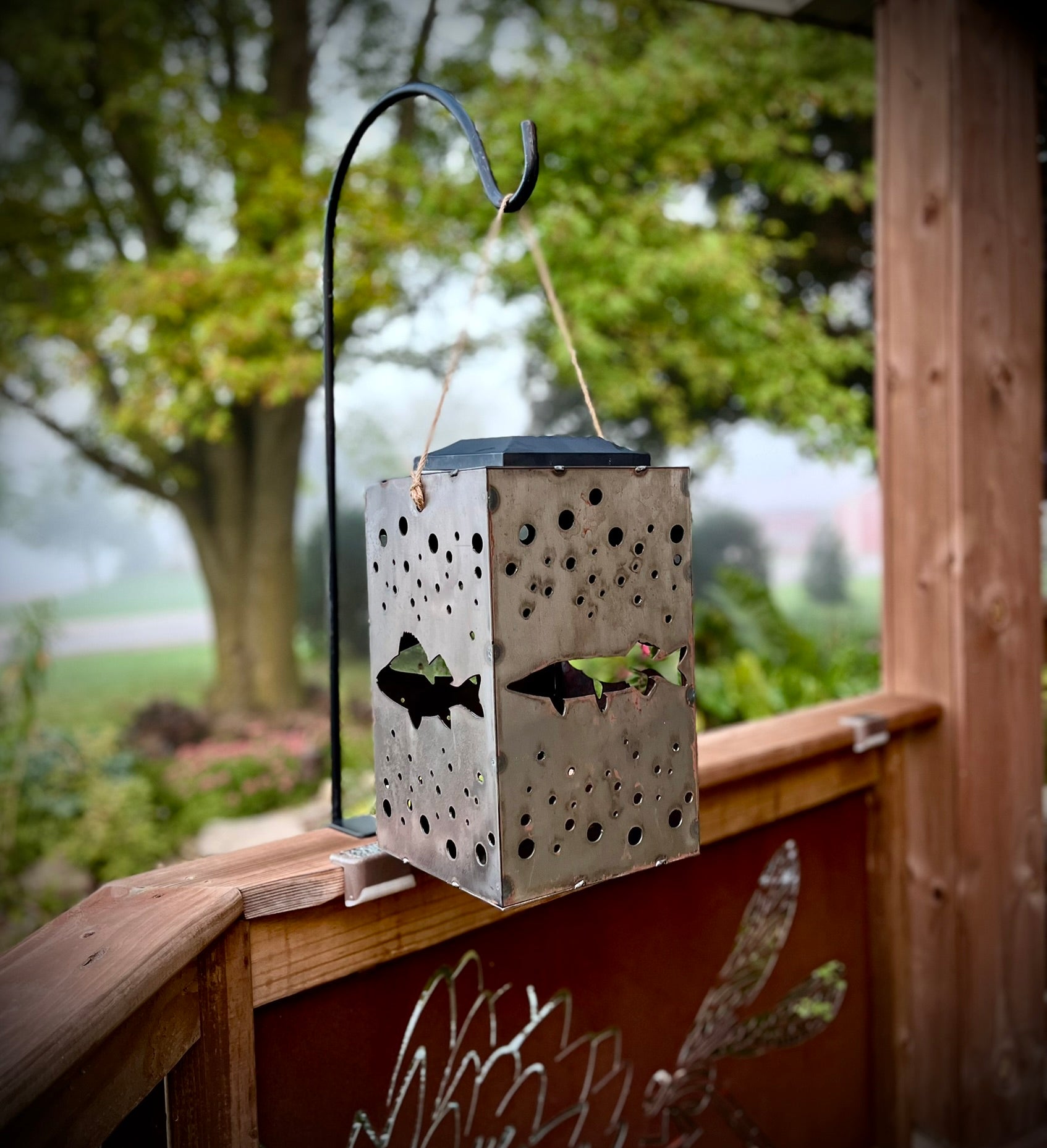 Hanging Fish Steel Solar Lantern | 12 in. - accent lights - fish garden decor - Northern Forge, LLC