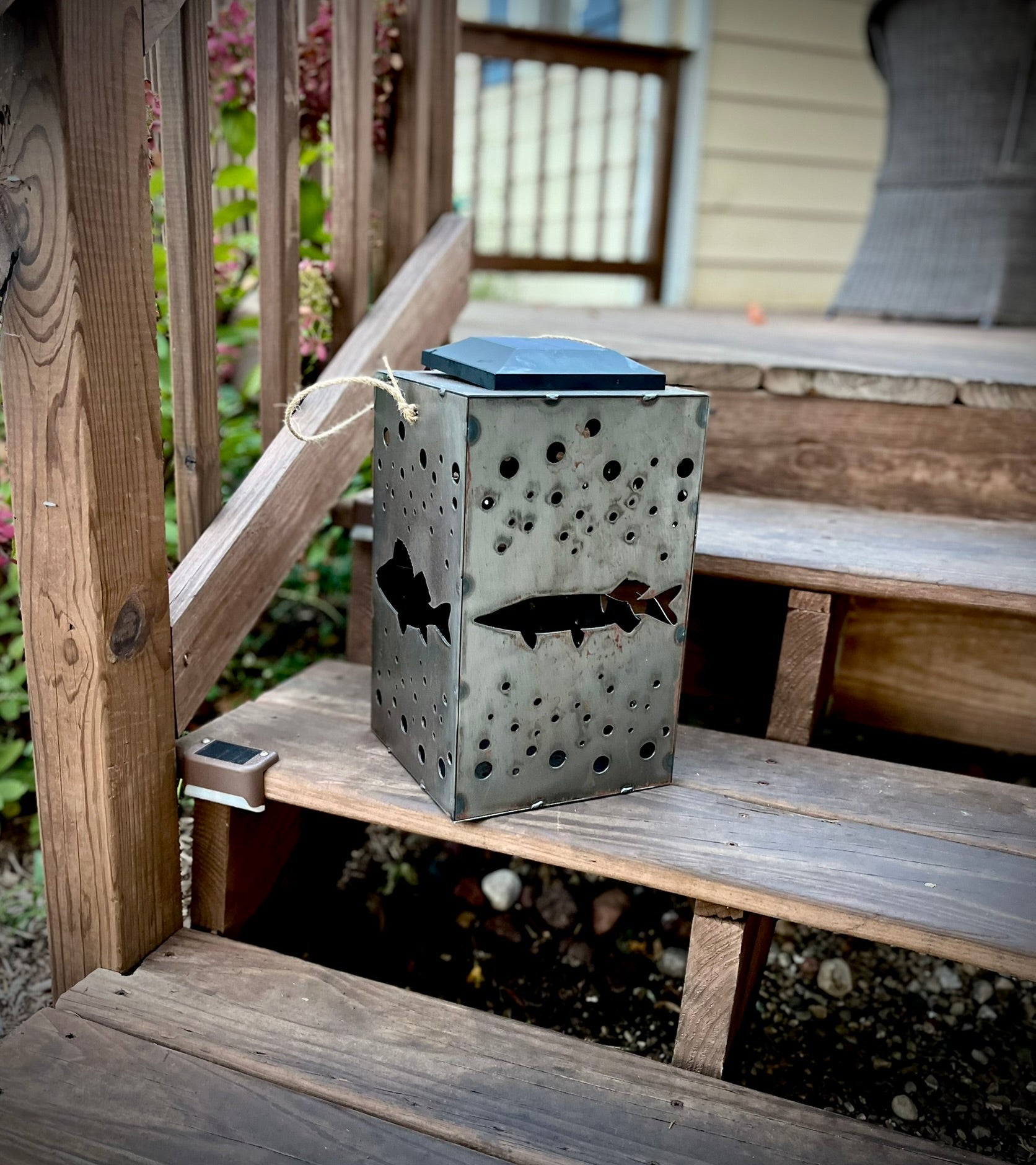 Hanging Fish Steel Solar Lantern | 12 in. - accent lights - fish garden decor - Northern Forge, LLC