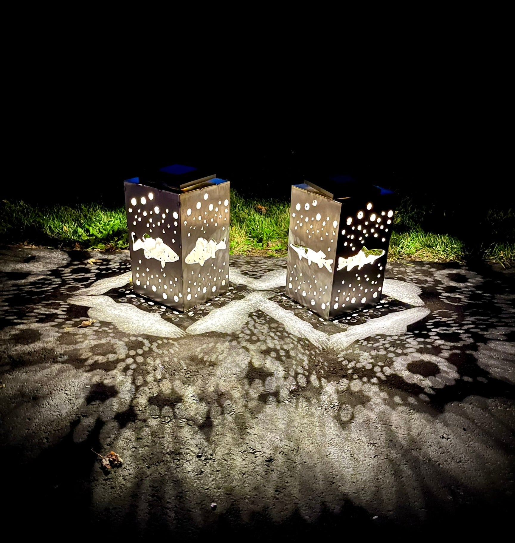Hanging Fish Steel Solar Lantern | 12 in. - accent lights - fish garden decor - Northern Forge, LLC