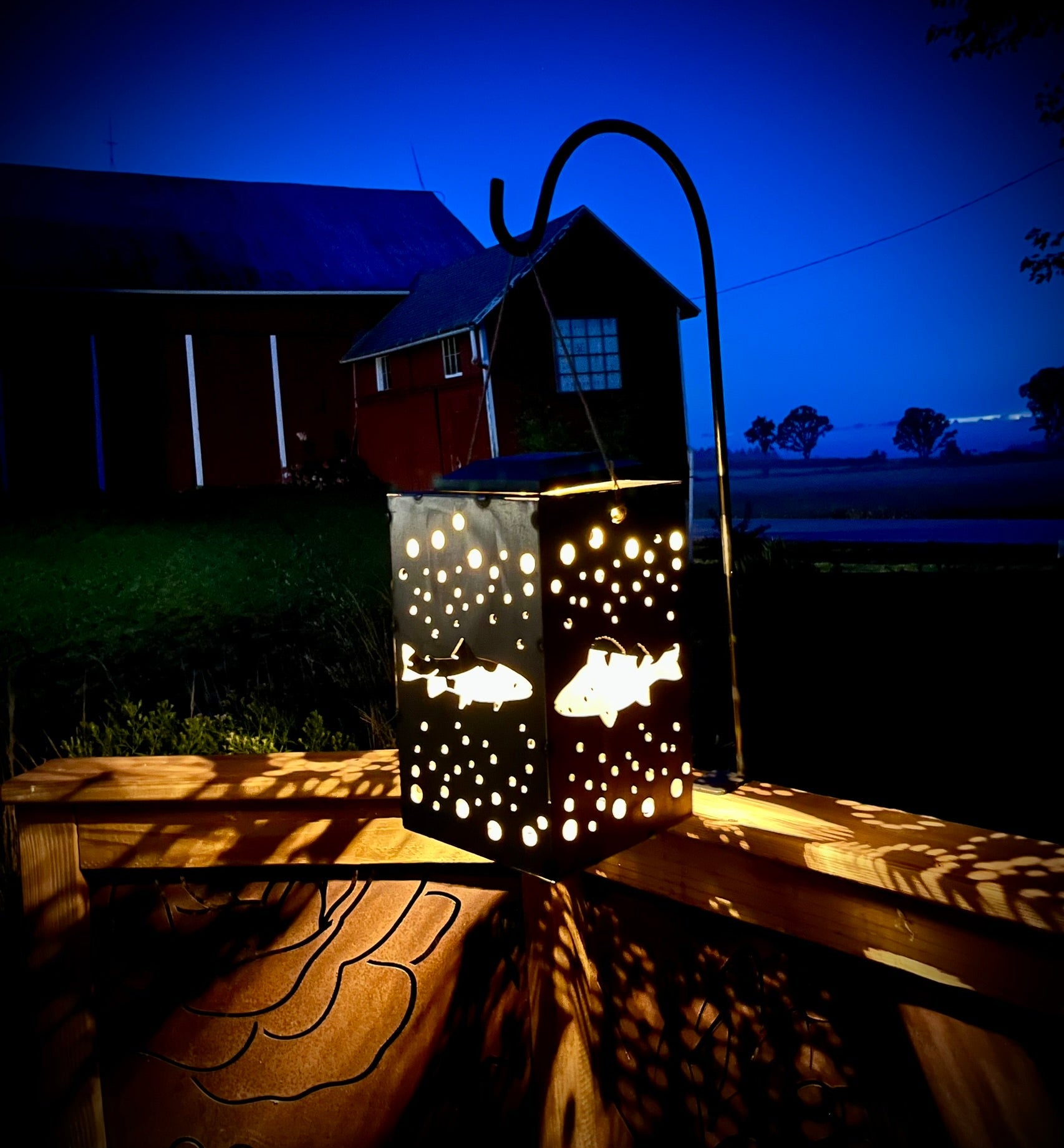 Hanging Fish Steel Solar Lantern | 12 in. - accent lights - fish garden decor - Northern Forge, LLC