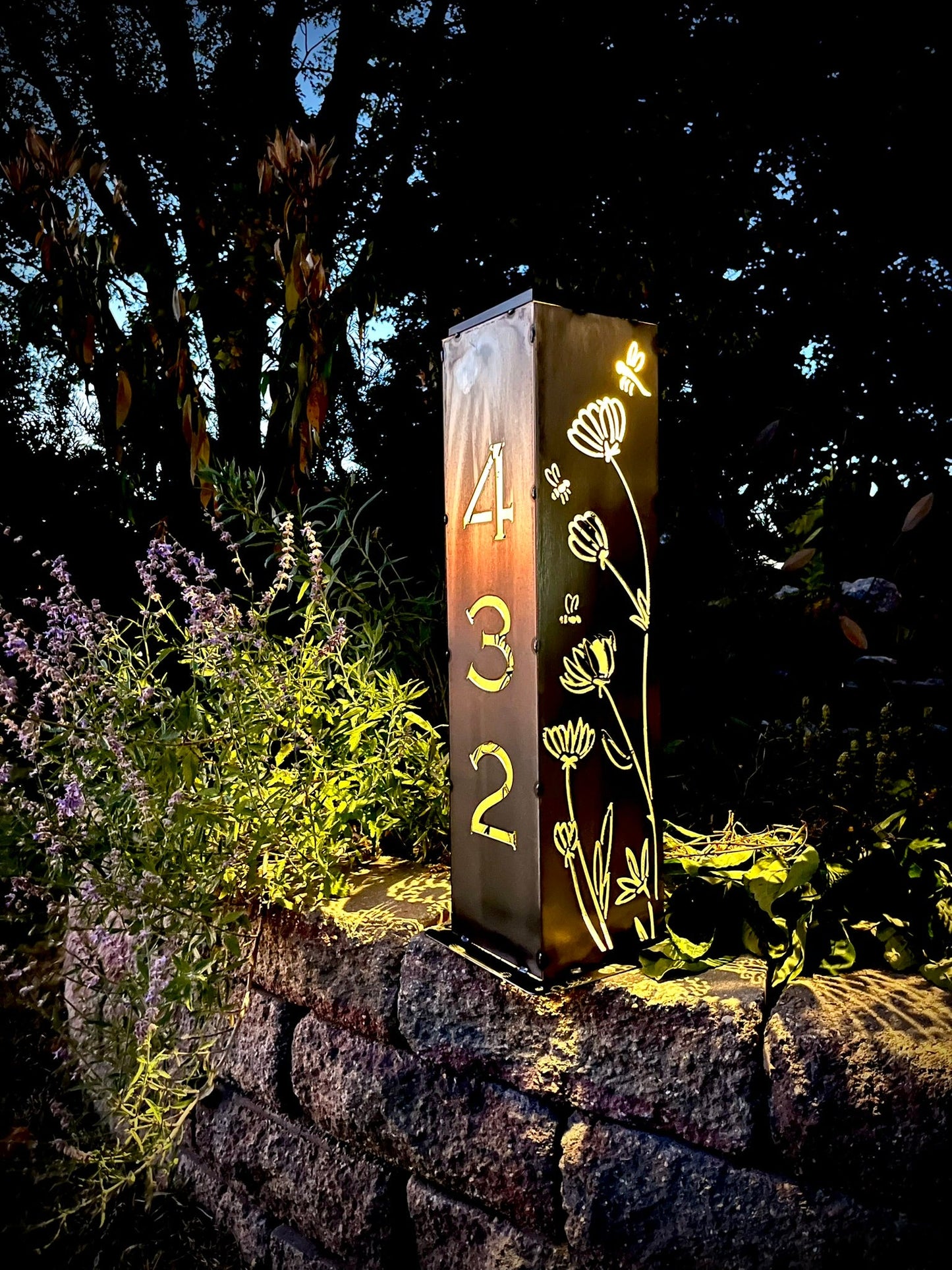 Home Address Wildflower Solar Pillar Light - Steel - address - address light - Northern Forge, LLC