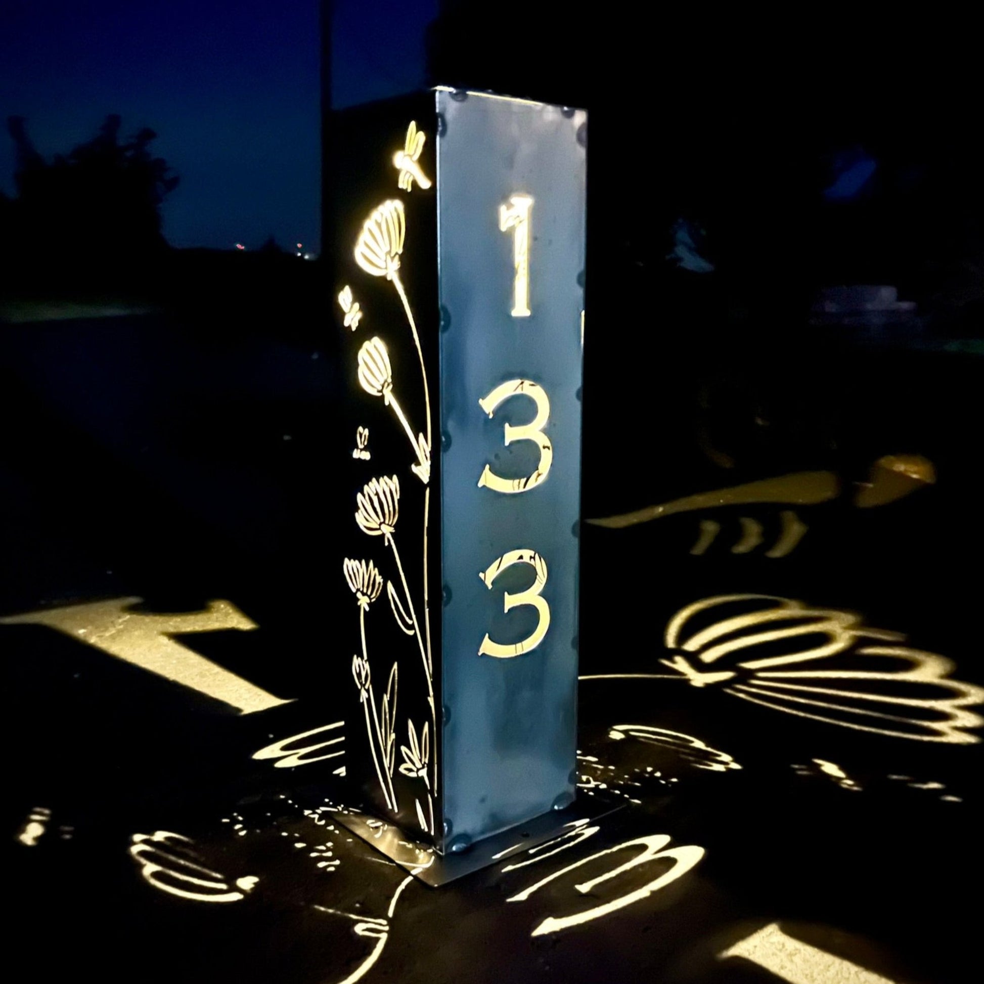 Home Address Wildflower Solar Pillar Light - Steel - address - address light - Northern Forge, LLC