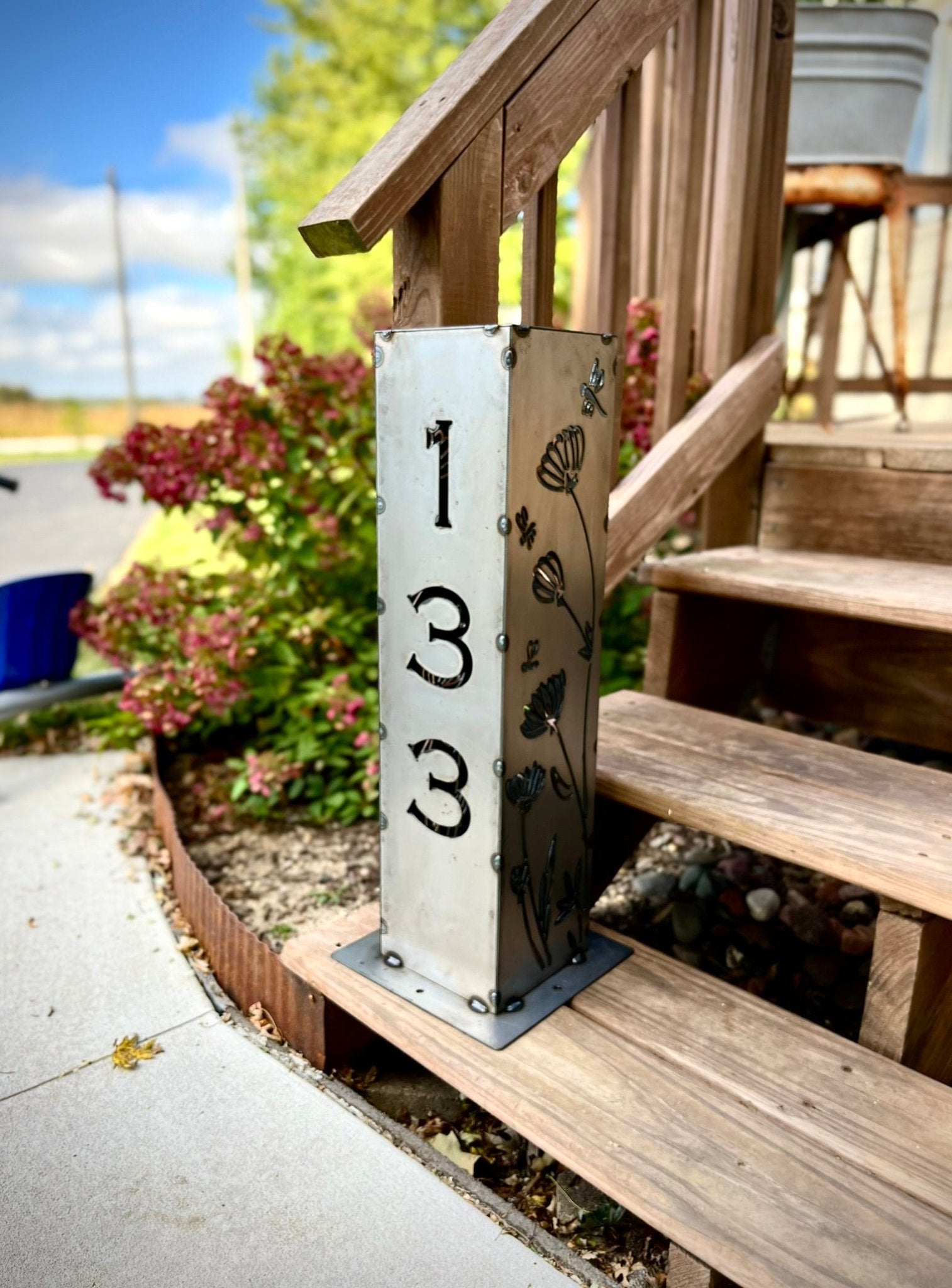 Home Address Wildflower Solar Pillar Light - Steel - address - address light - Northern Forge, LLC