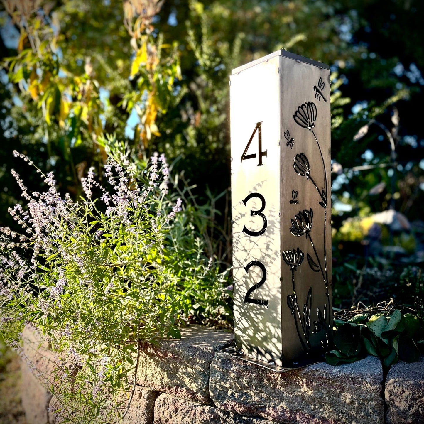 Home Address Wildflower Solar Pillar Light - Steel - address - address light - Northern Forge, LLC
