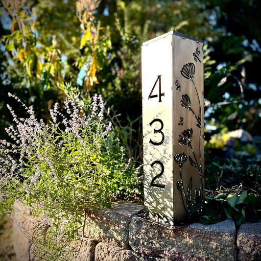 Home Address Wildflower Solar Pillar Light - Steel - address - address light - Northern Forge, LLC