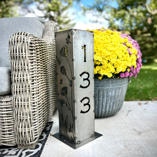 Home Address Wildflower Solar Pillar Light - Steel - address - address light - Northern Forge, LLC