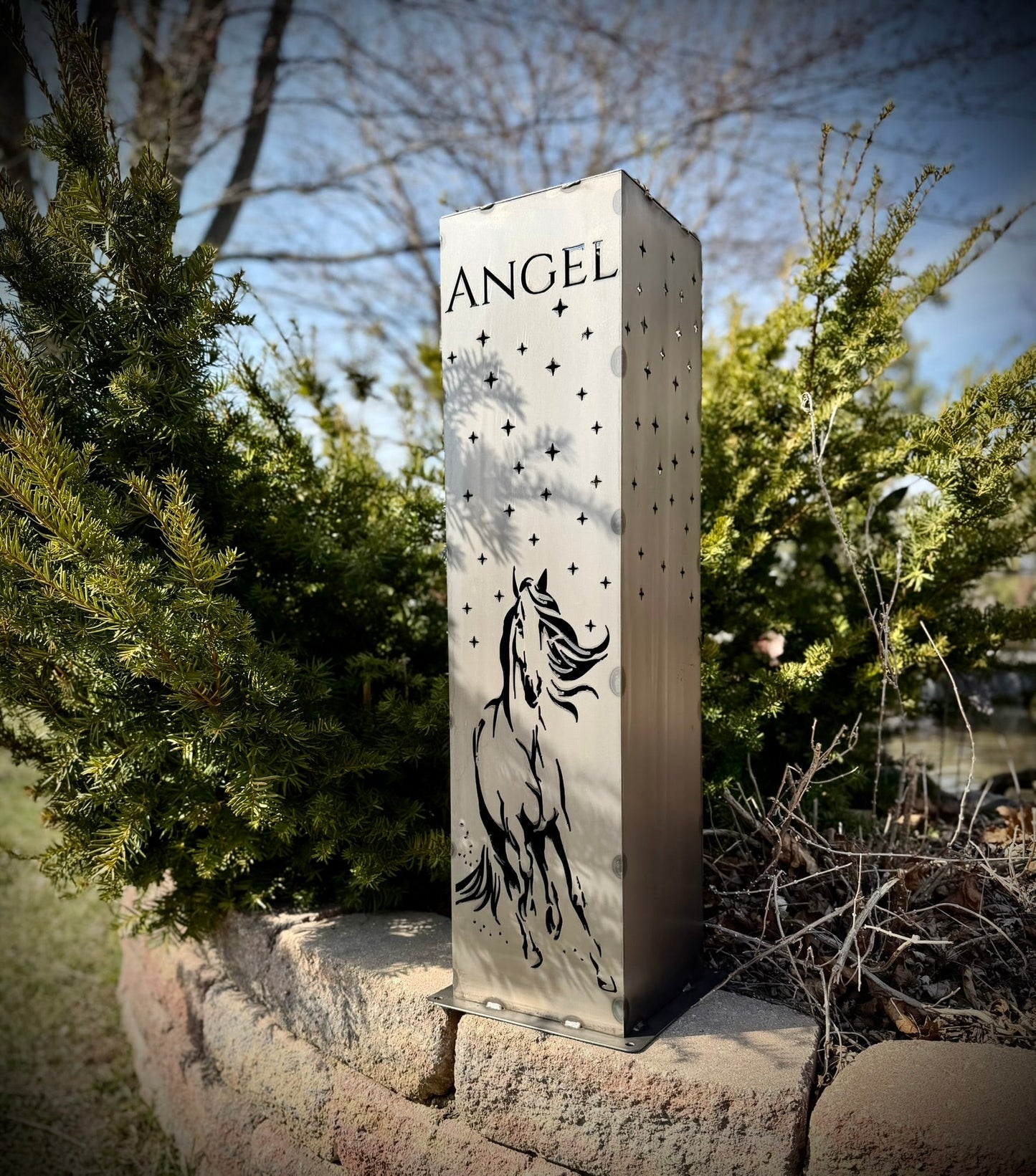 Horse & Stars Solar Pillar Luminary - Steel - horse grave - horse gravestone - Northern Forge, LLC
