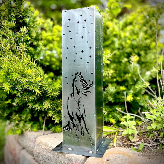 Horse & Stars Solar Pillar Luminary - Steel - horse light - horse metal art - Northern Forge, LLC
