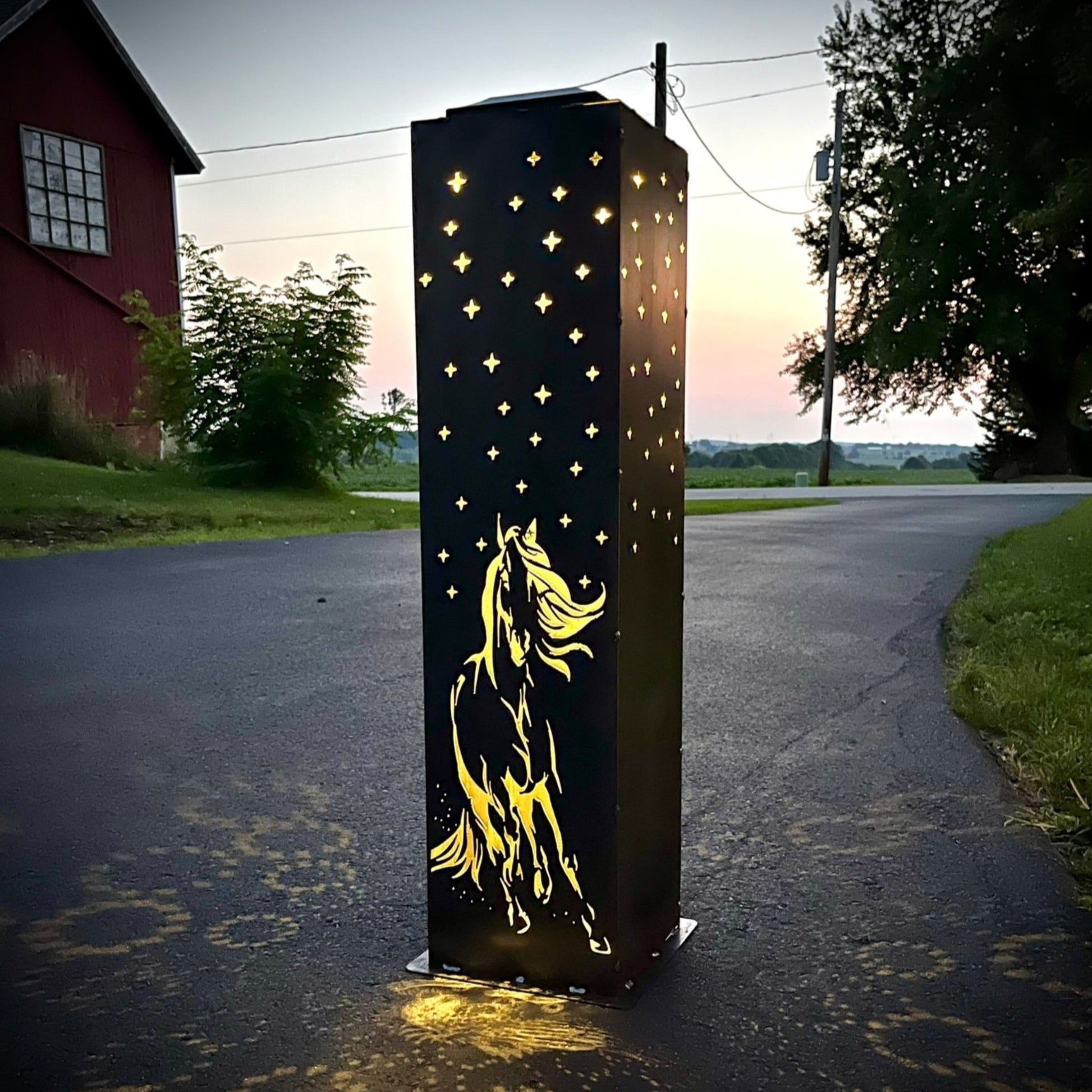 Horse & Stars Solar Pillar Luminary - Steel - horse light - horse metal art - Northern Forge, LLC