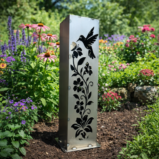 Hummingbird Garden Glow Solar Luminary Pillar - Steel - hummingbird - hummingbird luminary - Northern Forge, LLC