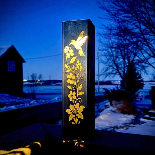 Hummingbird Garden Glow Solar Luminary Pillar - Steel - hummingbird - hummingbird luminary - Northern Forge, LLC