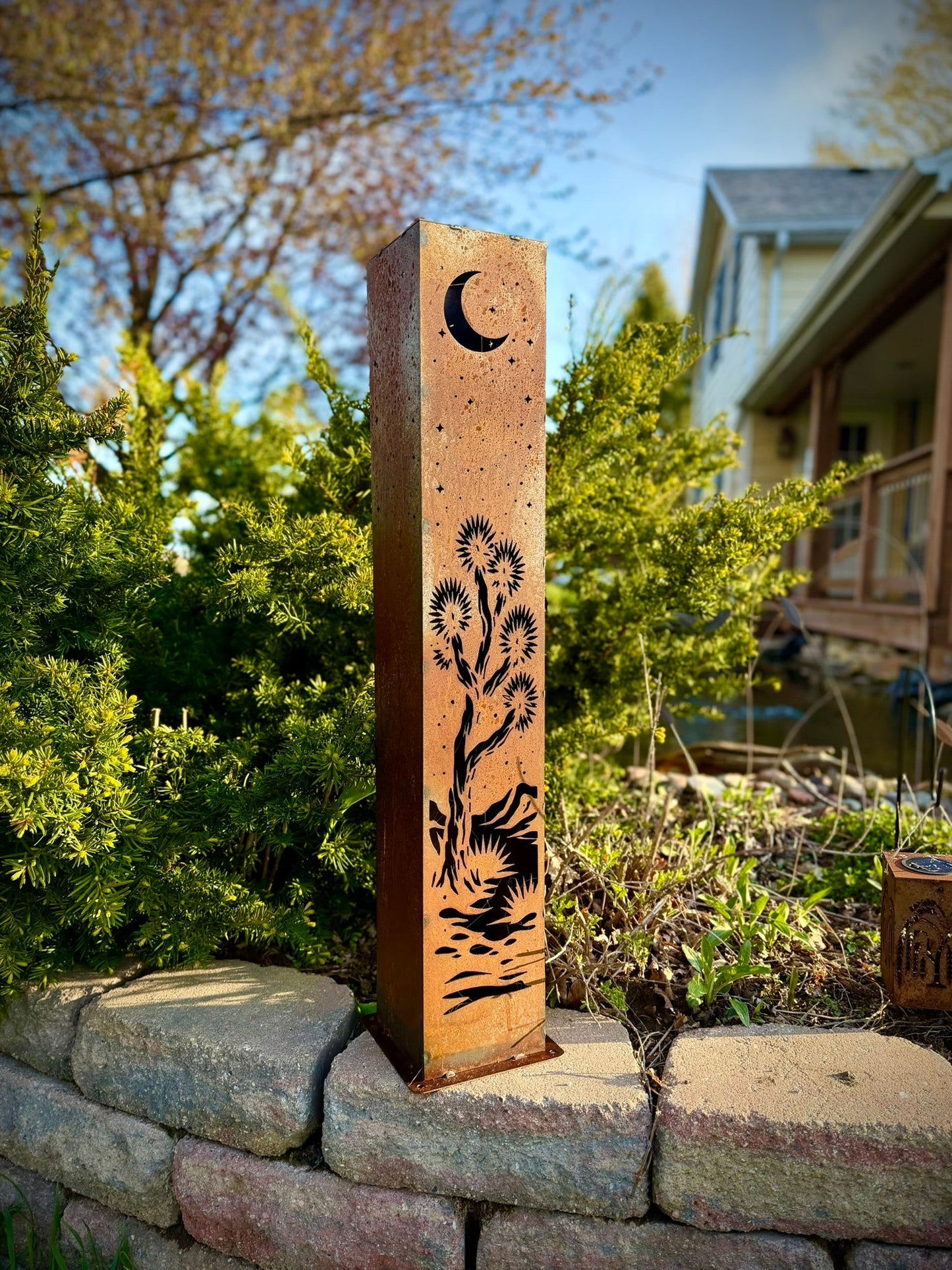 Joshua Moon Luminary Pillar w/ Solar Cap | Multiple Sizes | Steel - arizona metal art - cactus metal - Northern Forge, LLC
