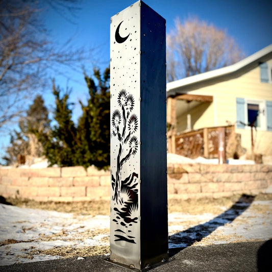 Joshua Moon Luminary Pillar w/ Solar Cap | Multiple Sizes | Steel - arizona metal art - cactus metal - Northern Forge, LLC