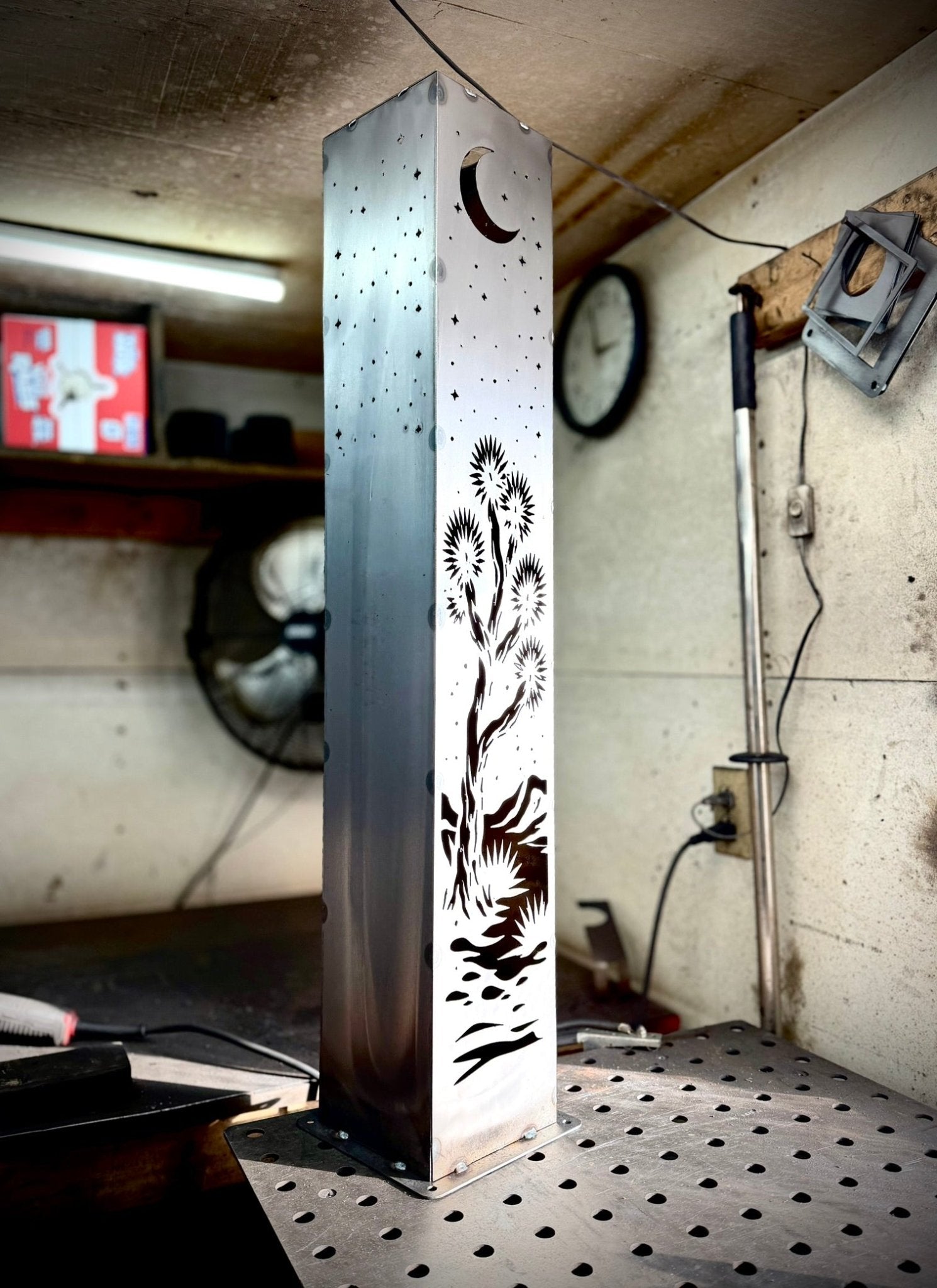 Joshua Moon Luminary Pillar w/ Solar Cap | Multiple Sizes | Steel - arizona metal art - cactus metal - Northern Forge, LLC