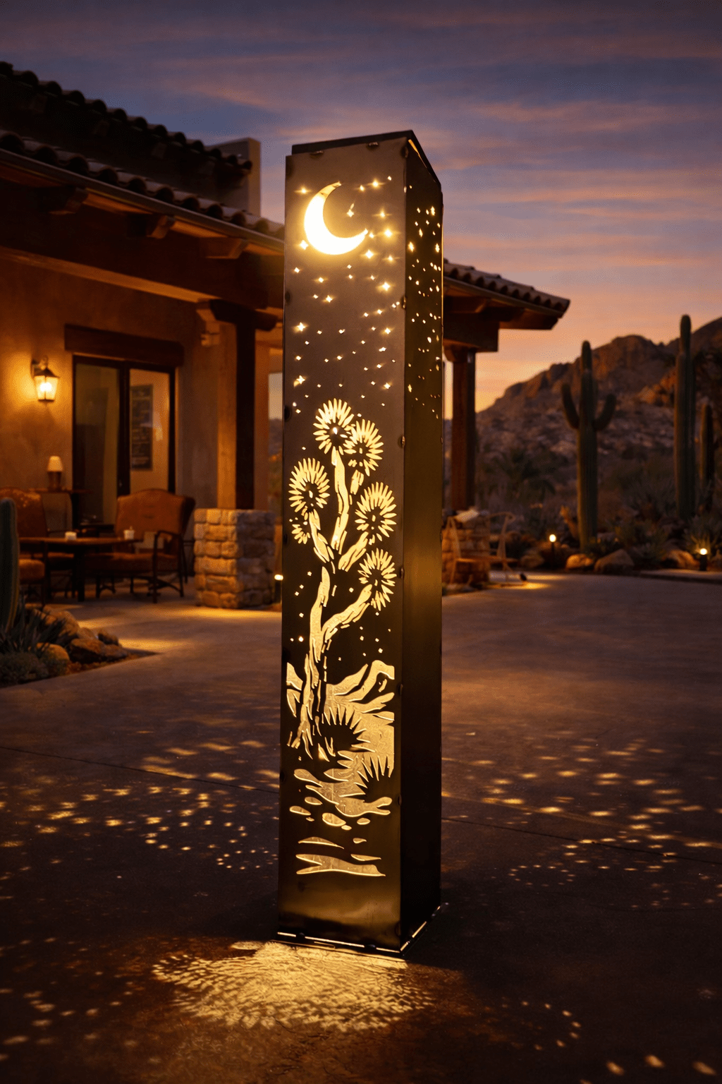 Joshua Moon Luminary Pillar w/ Solar Cap | Multiple Sizes | Steel - arizona metal art - cactus metal - Northern Forge, LLC