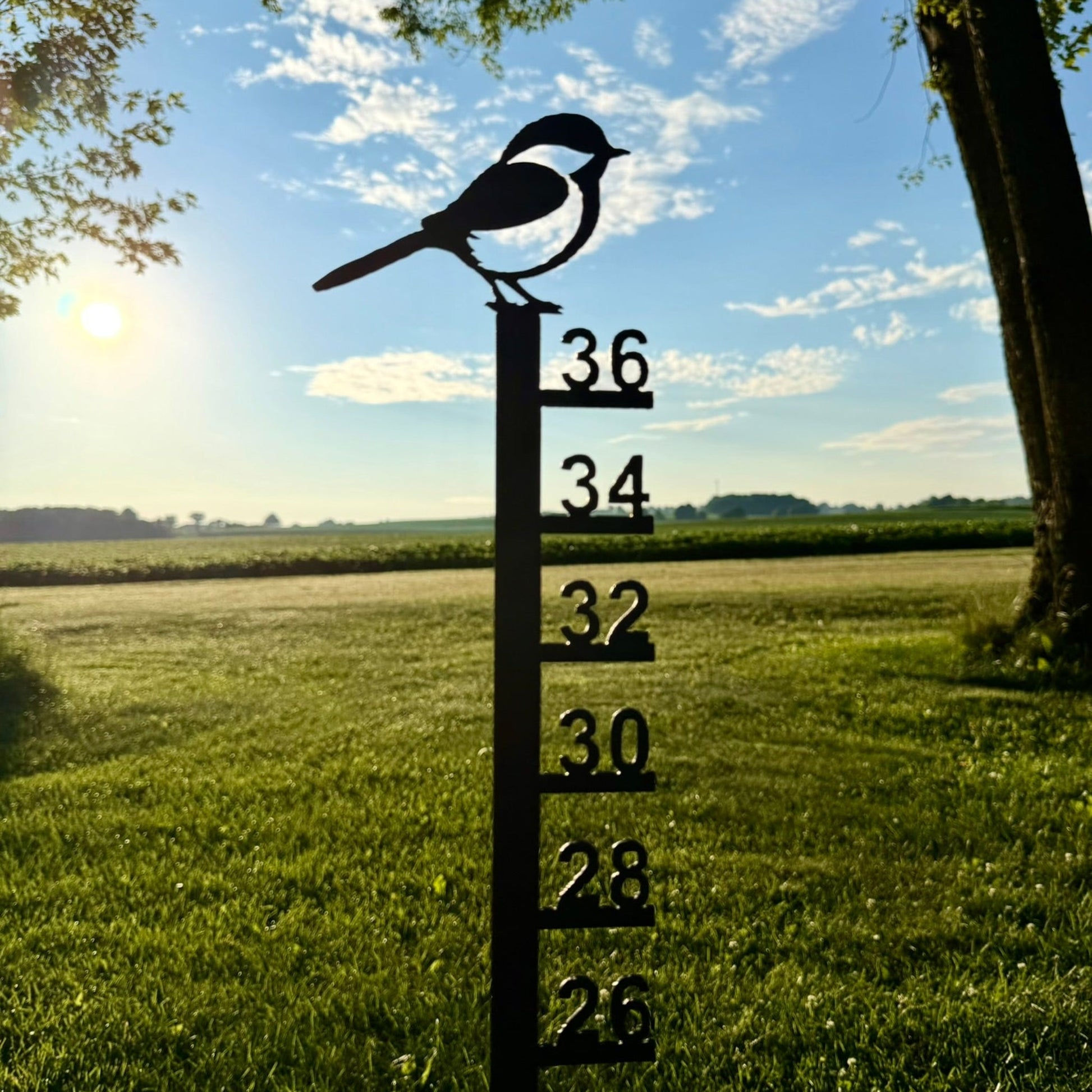 Large Metal Free Standing Patio Snow Gauge - Chickadee - Multiple Sizes - 36-inch Snow Gauge - bird snow gauge - Northern Forge, LLC