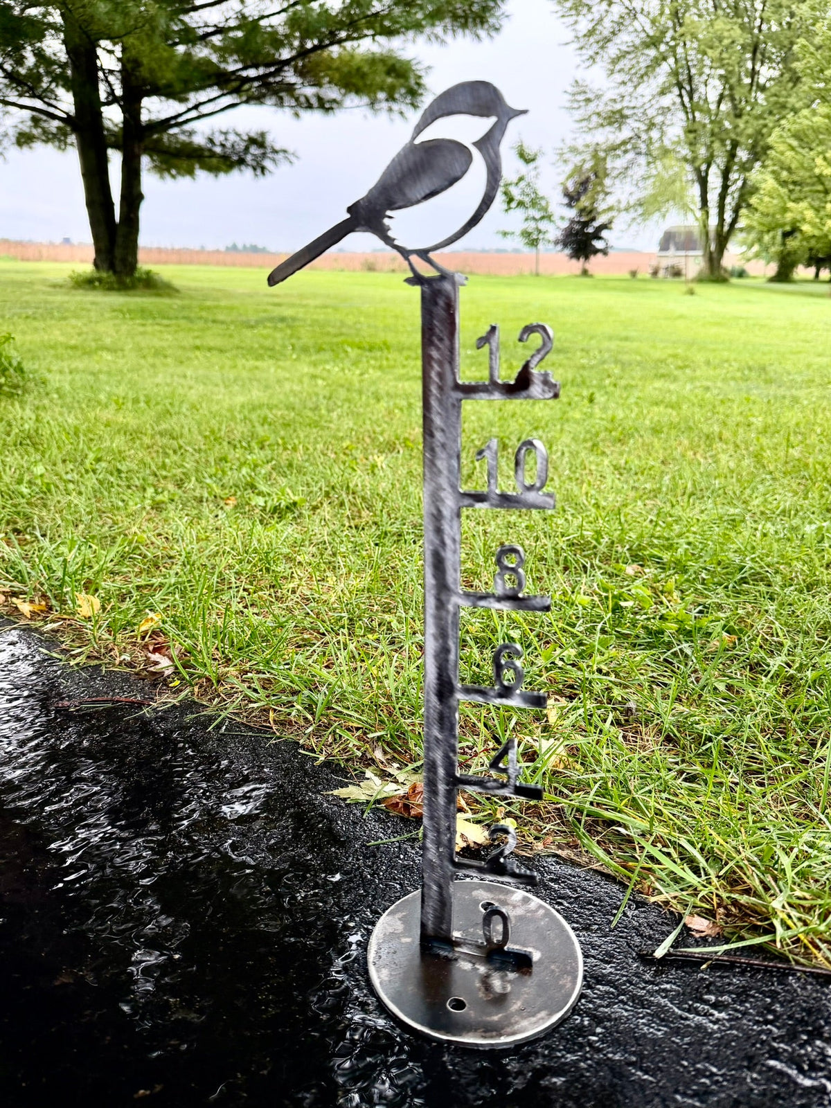 Large Metal Free Standing Patio Snow Gauge - Chickadee - Multiple Sizes - 36-inch Snow Gauge - bird snow gauge - Northern Forge, LLC