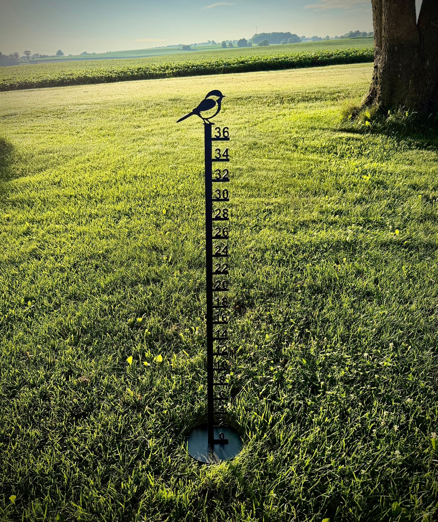 Large Metal Free Standing Patio Snow Gauge - Chickadee - Multiple Sizes - 36-inch Snow Gauge - bird snow gauge - Northern Forge, LLC