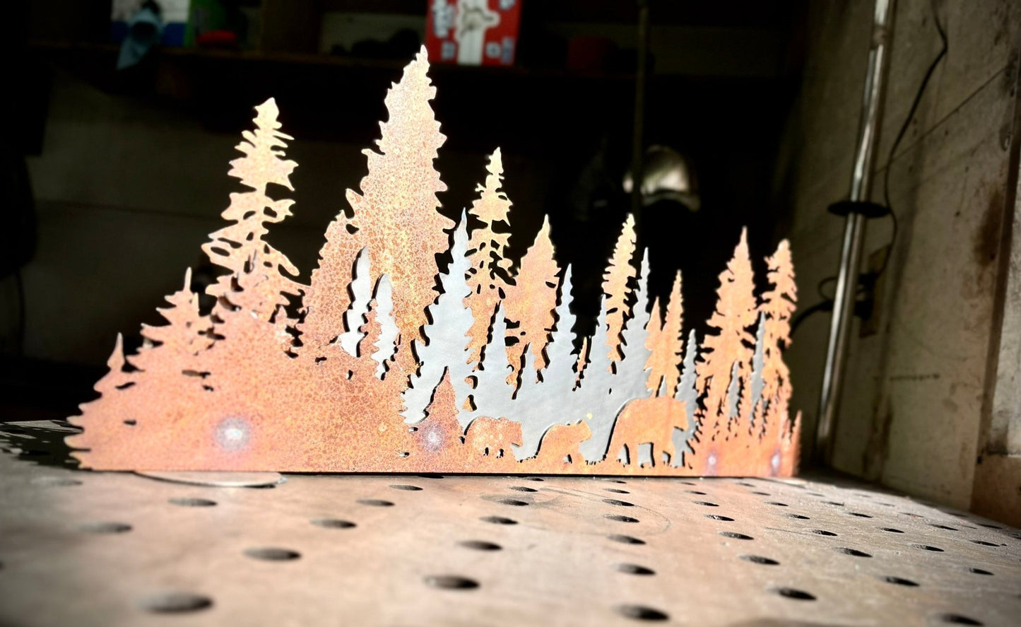 Layered Steel Pine Forest with Bears - bear art - bears and pines - Northern Forge, LLC