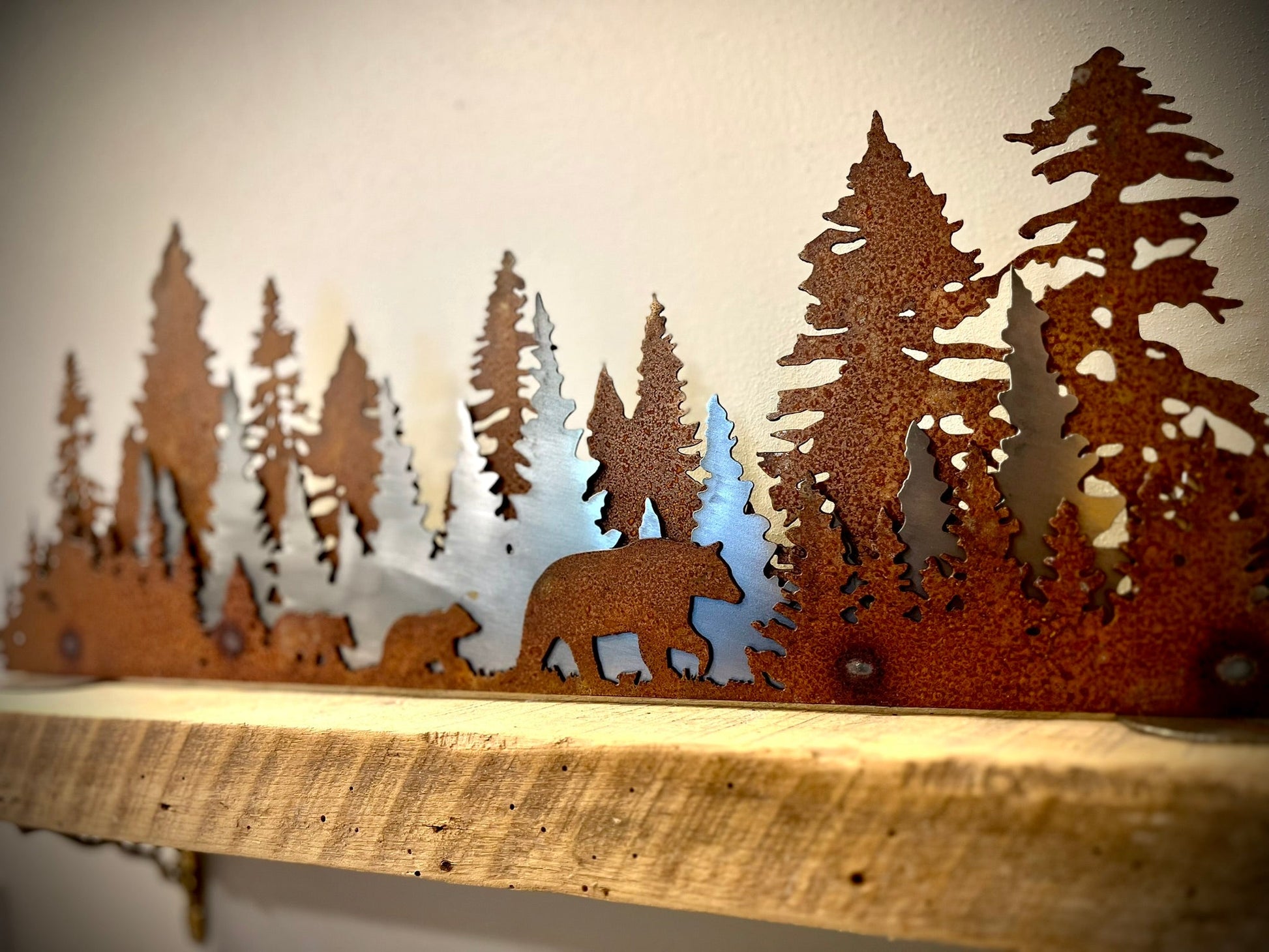 Layered Steel Pine Forest with Bears - bear art - bears and pines - Northern Forge, LLC