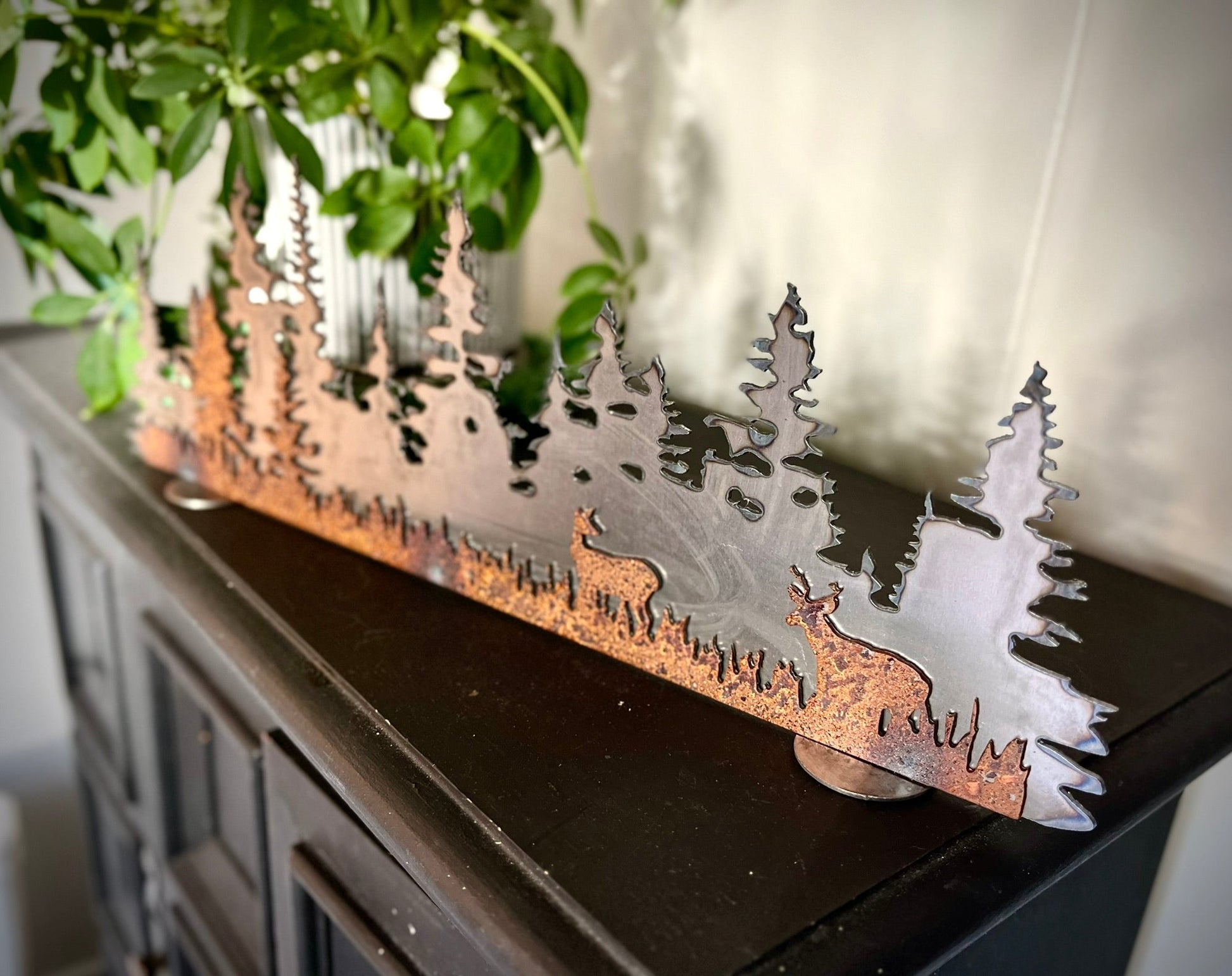 Layered Steel Pine Forest with Deer - home - home decor - Northern Forge, LLC