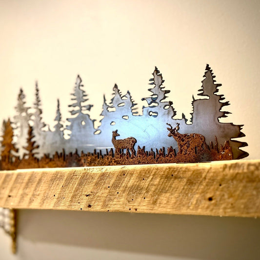 Layered Steel Pine Forest with Deer - home - home decor - Northern Forge, LLC