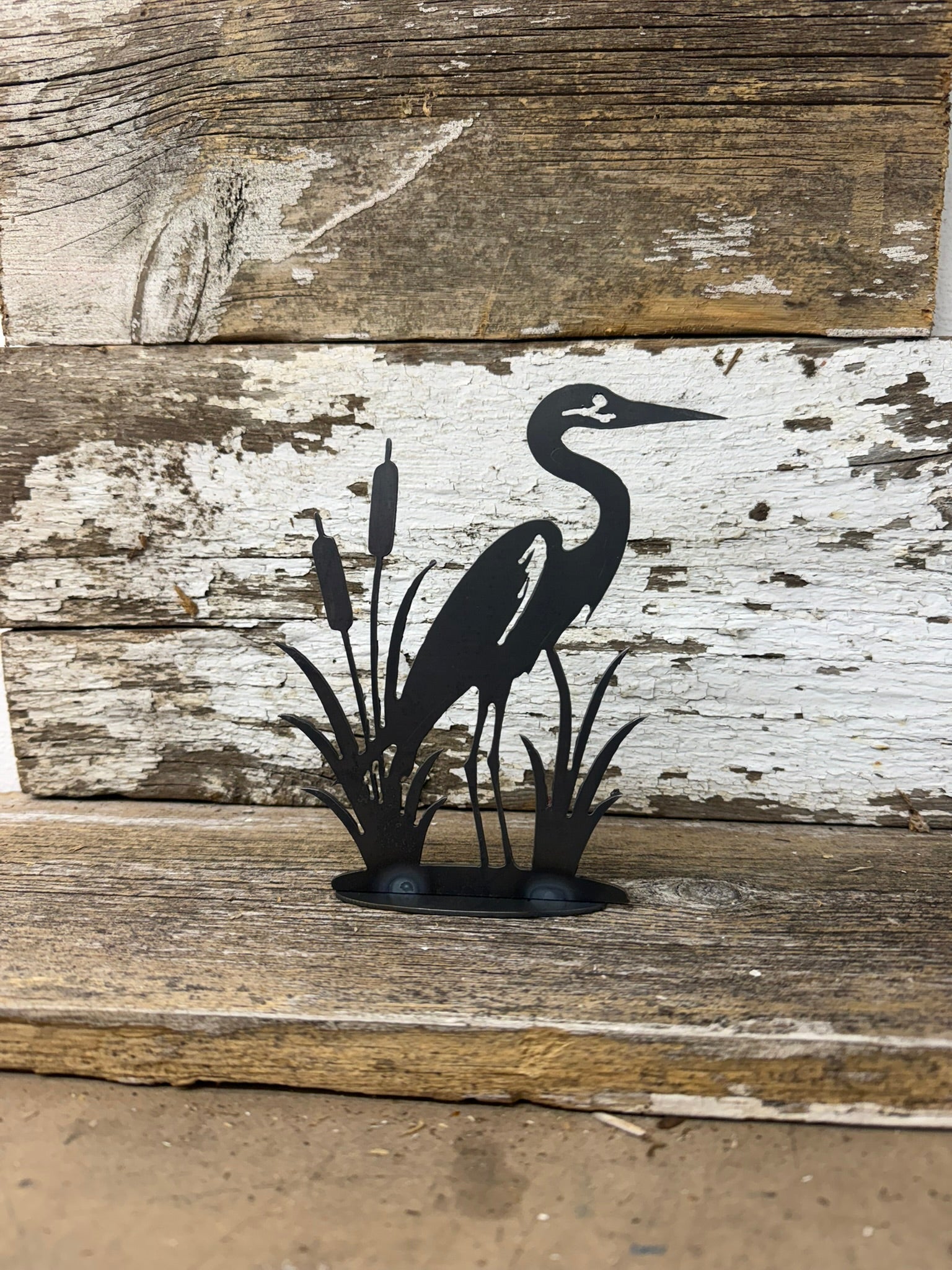 Metal Blue Heron w/ Cattails - Mantel - bird art - bird for mantel - Northern Forge, LLC