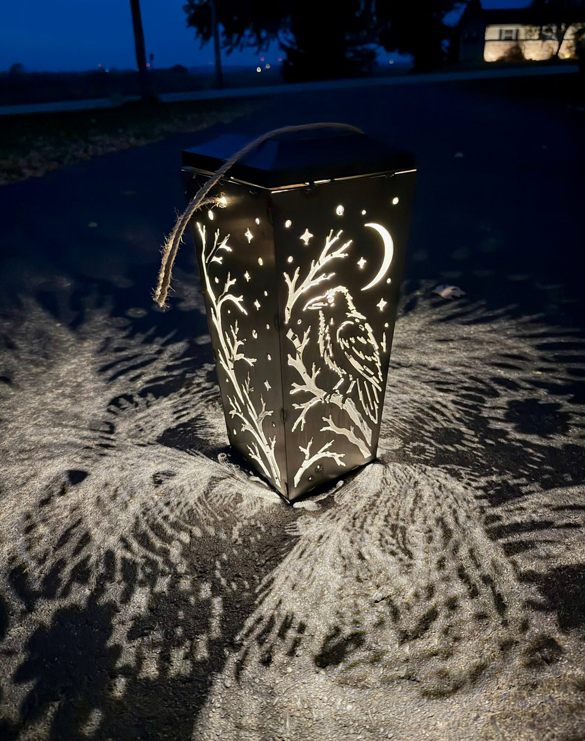 Midnight Raven Hanging Solar Light | 12 in. | Steel Lantern - accent lights - crow solar light - Northern Forge, LLC