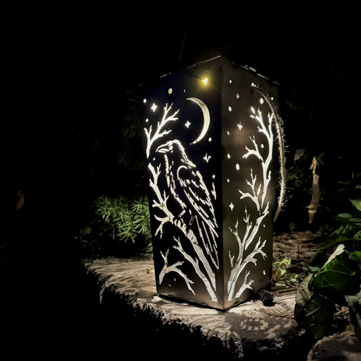 Midnight Raven Hanging Solar Light | 12 in. | Steel Lantern - accent lights - crow solar light - Northern Forge, LLC