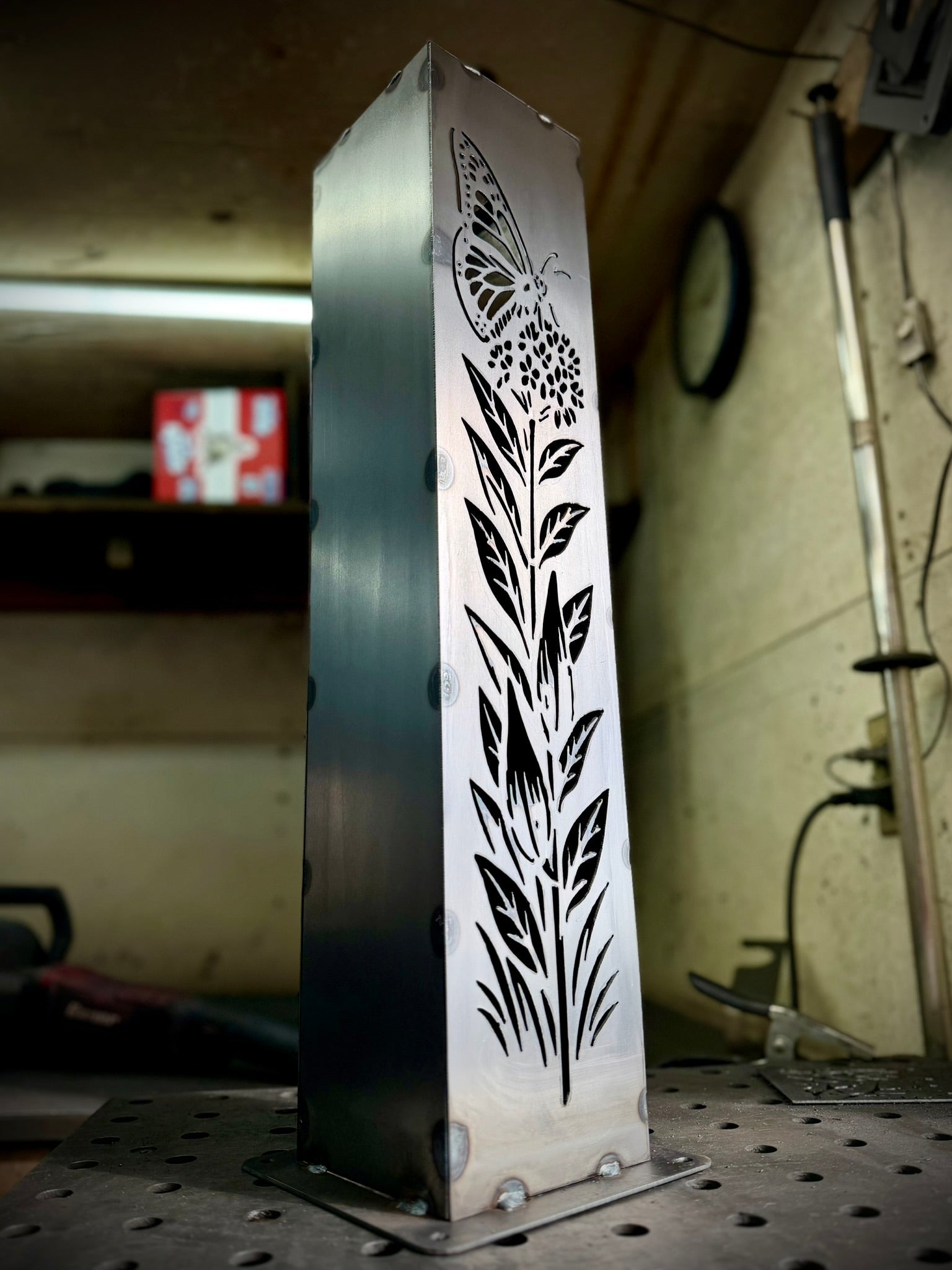 Monarch Meadow Solar Luminary Pillar - Steel - butterfly garden art - butterfly pillar - Northern Forge, LLC