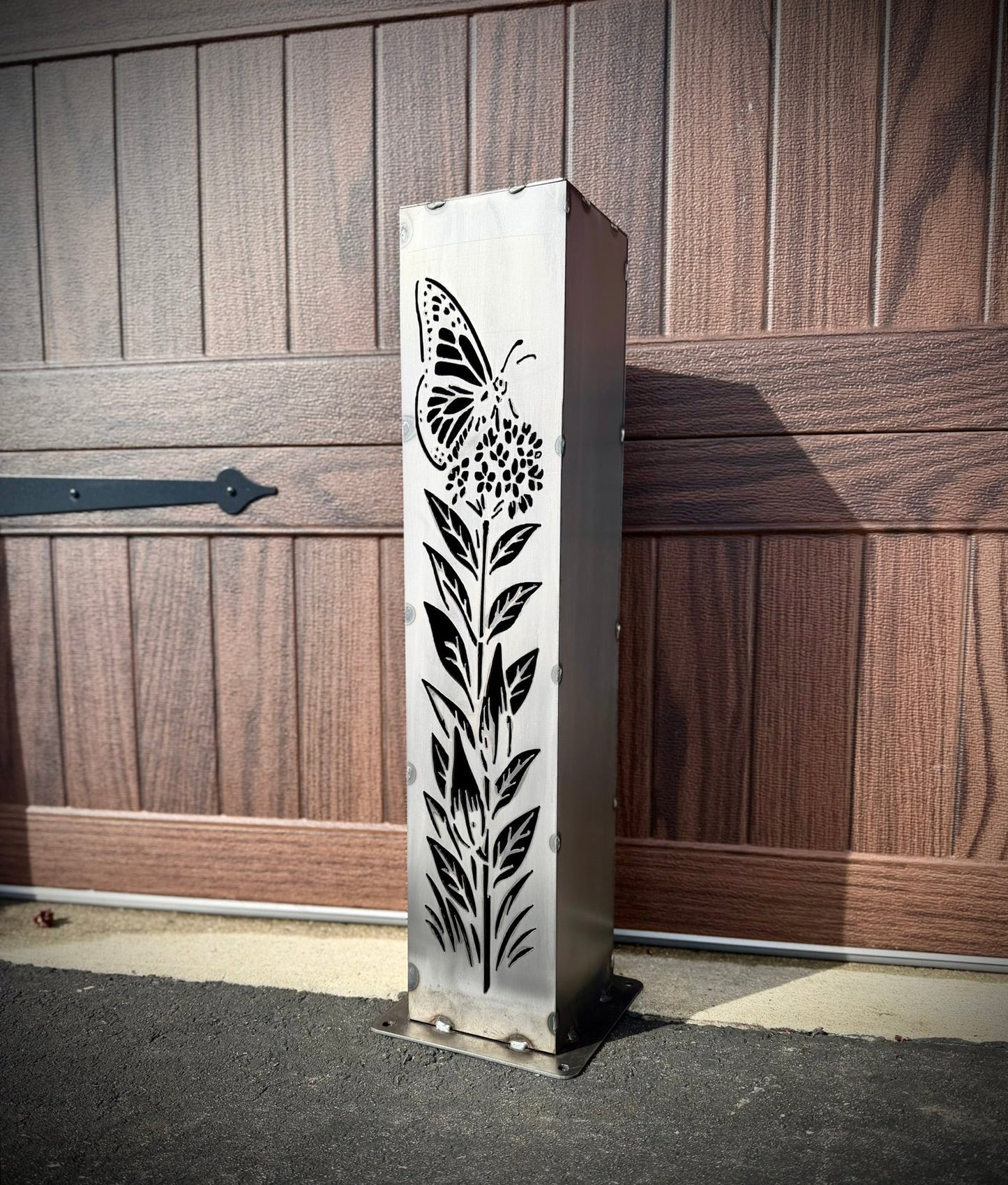 Monarch Meadow Solar Luminary Pillar - Steel - butterfly garden art - butterfly pillar - Northern Forge, LLC
