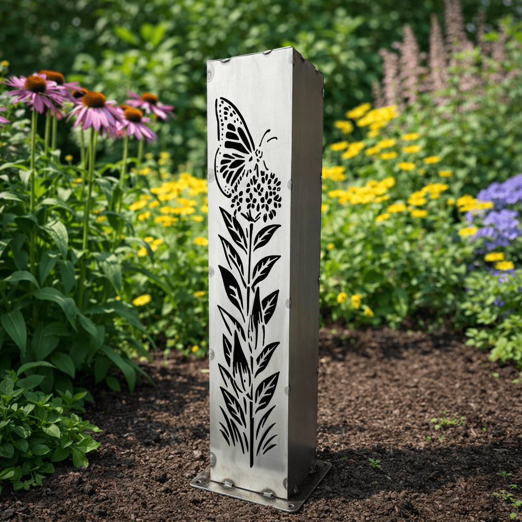 Monarch Meadow Solar Luminary Pillar - Steel - butterfly garden art - butterfly pillar - Northern Forge, LLC