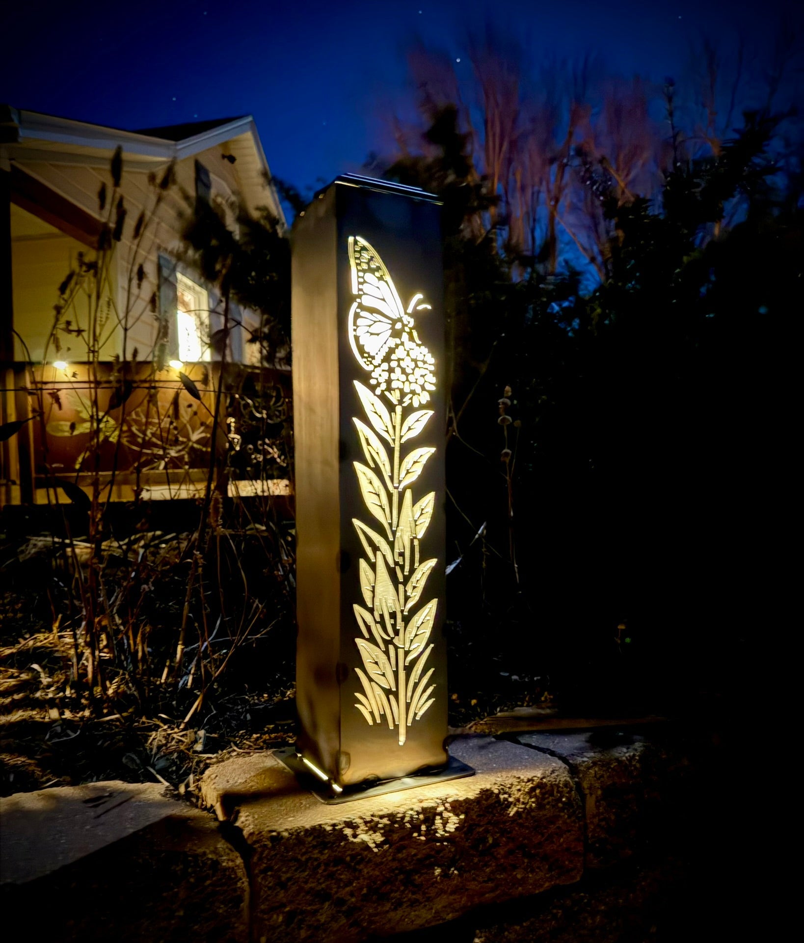 Monarch Meadow Solar Luminary Pillar - Steel - butterfly garden art - butterfly pillar - Northern Forge, LLC